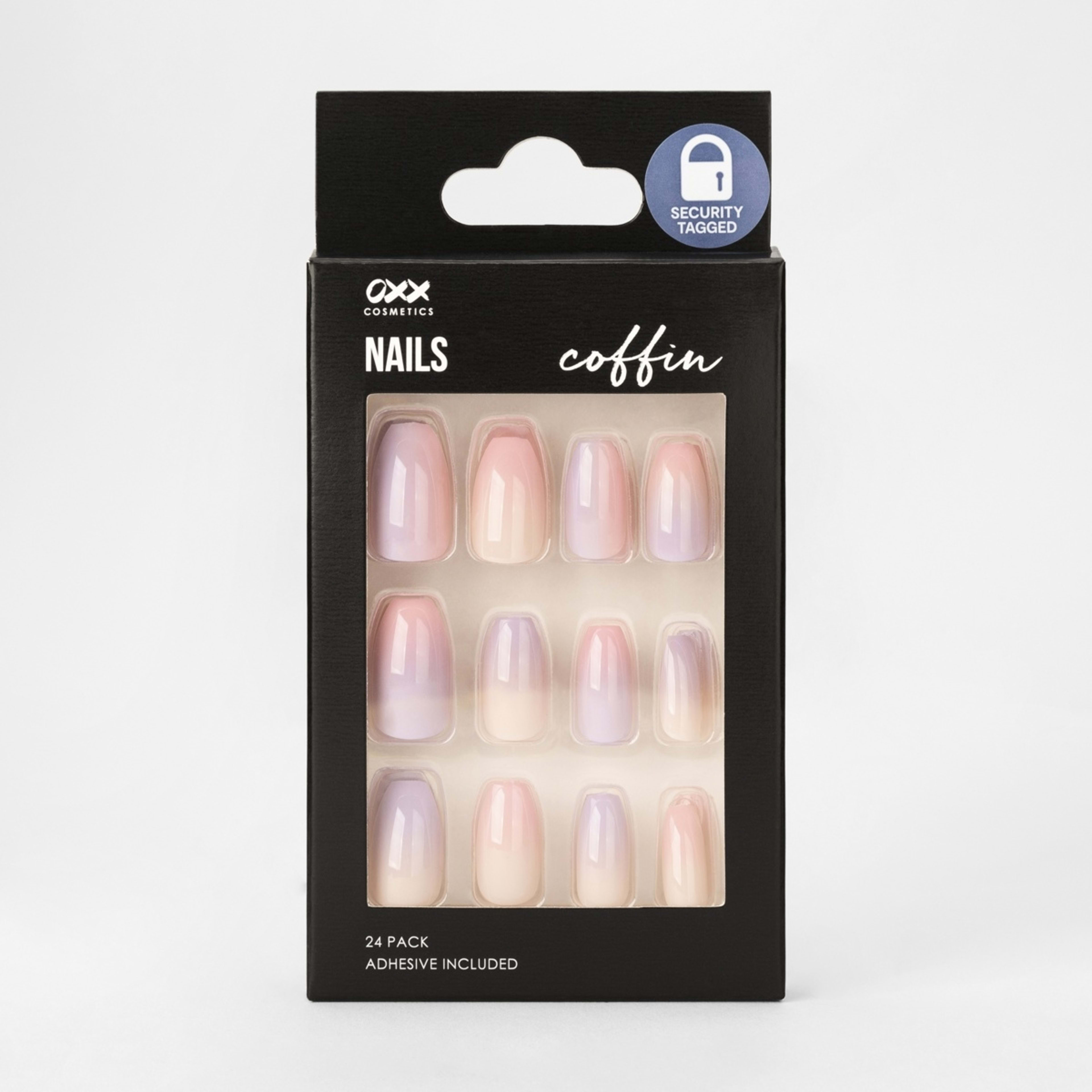 1 OXX Cosmetics 24 Pack False Nails with Adhesive - Coffin Shape, Purple Ombre