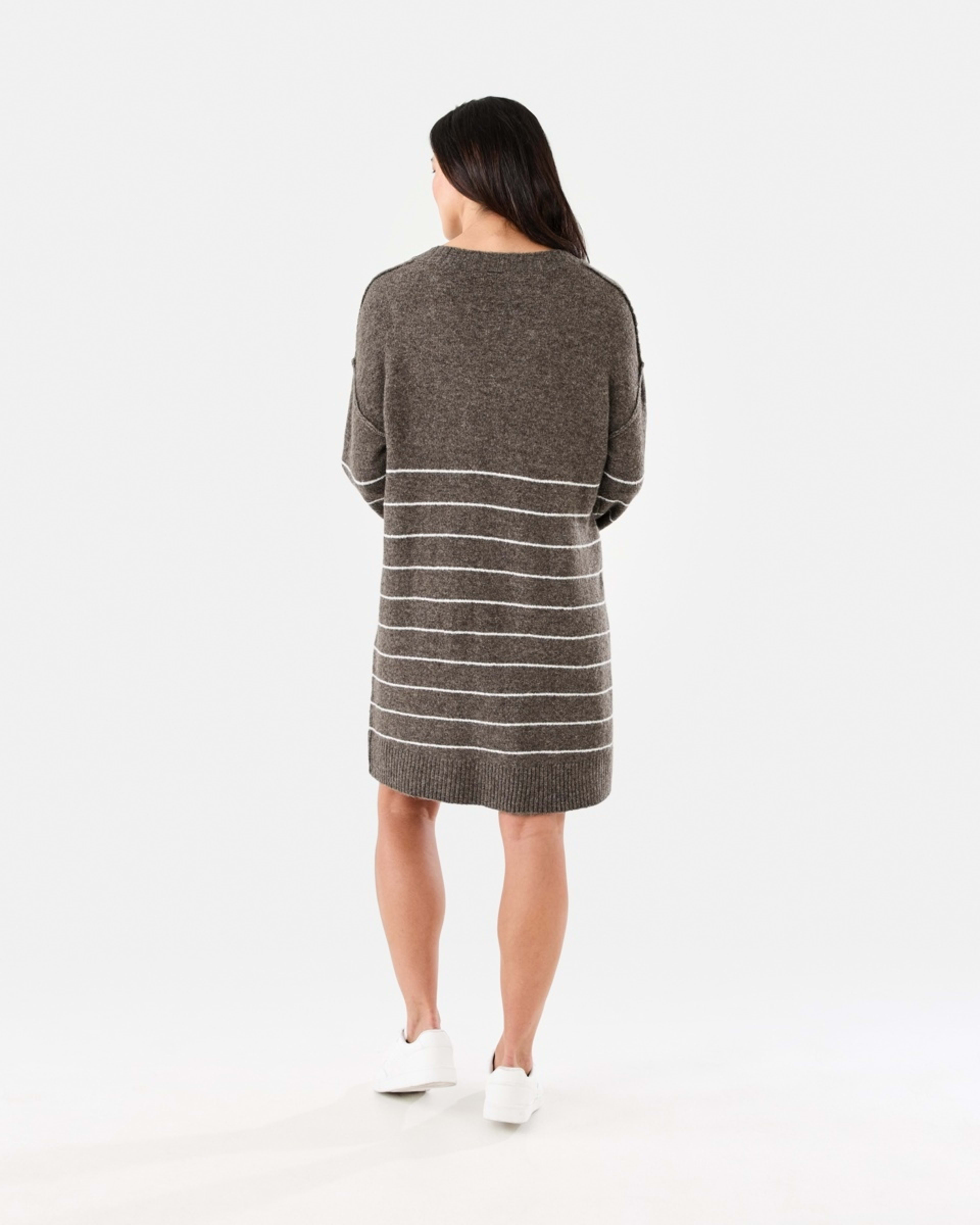 3 Long Sleeve V-Neck Sweater Mini Dress Brown Strp, 3 of 6