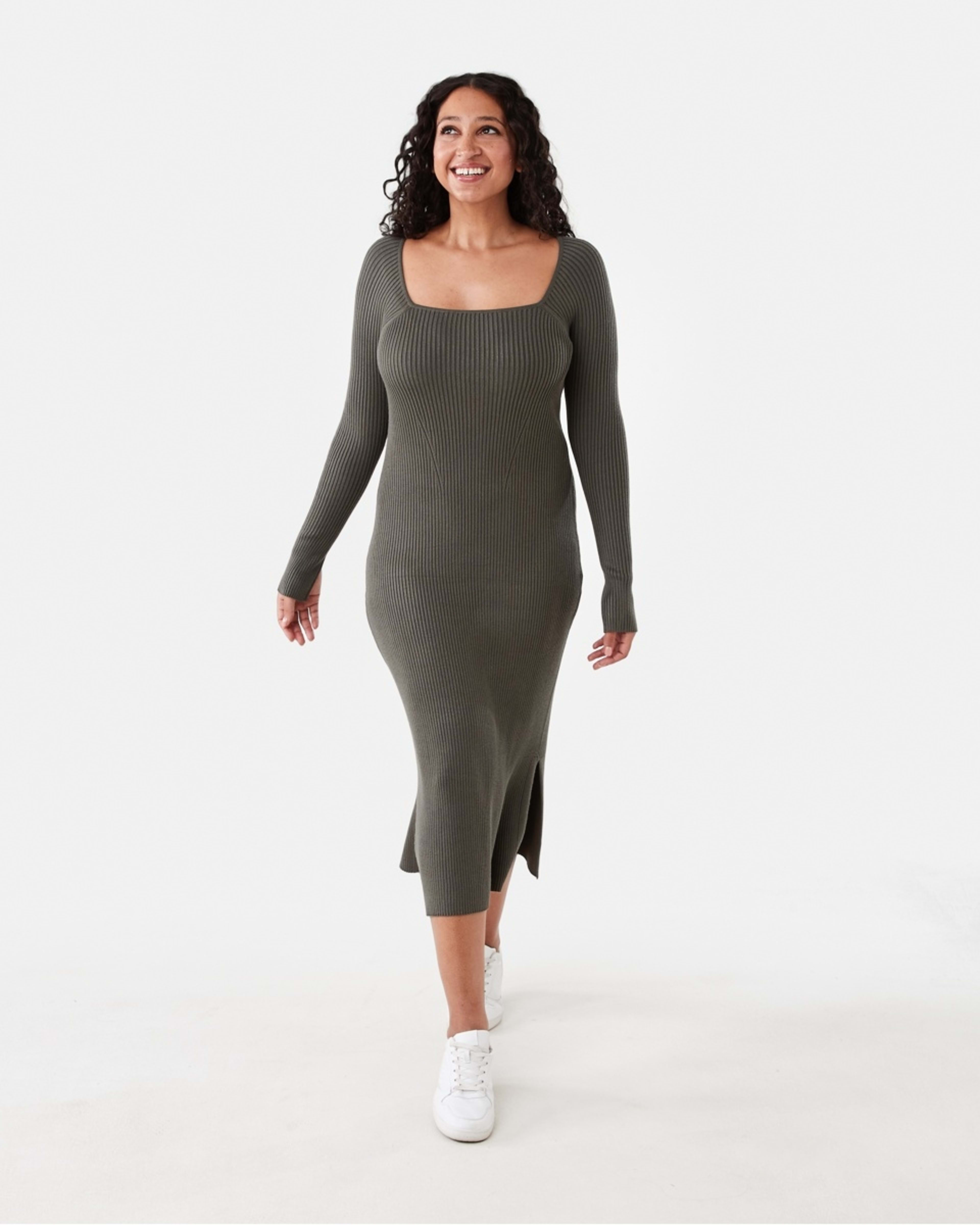 1 Long Sleeve Square Neck Knit Midi Dress Grn Olive, 1 of 6