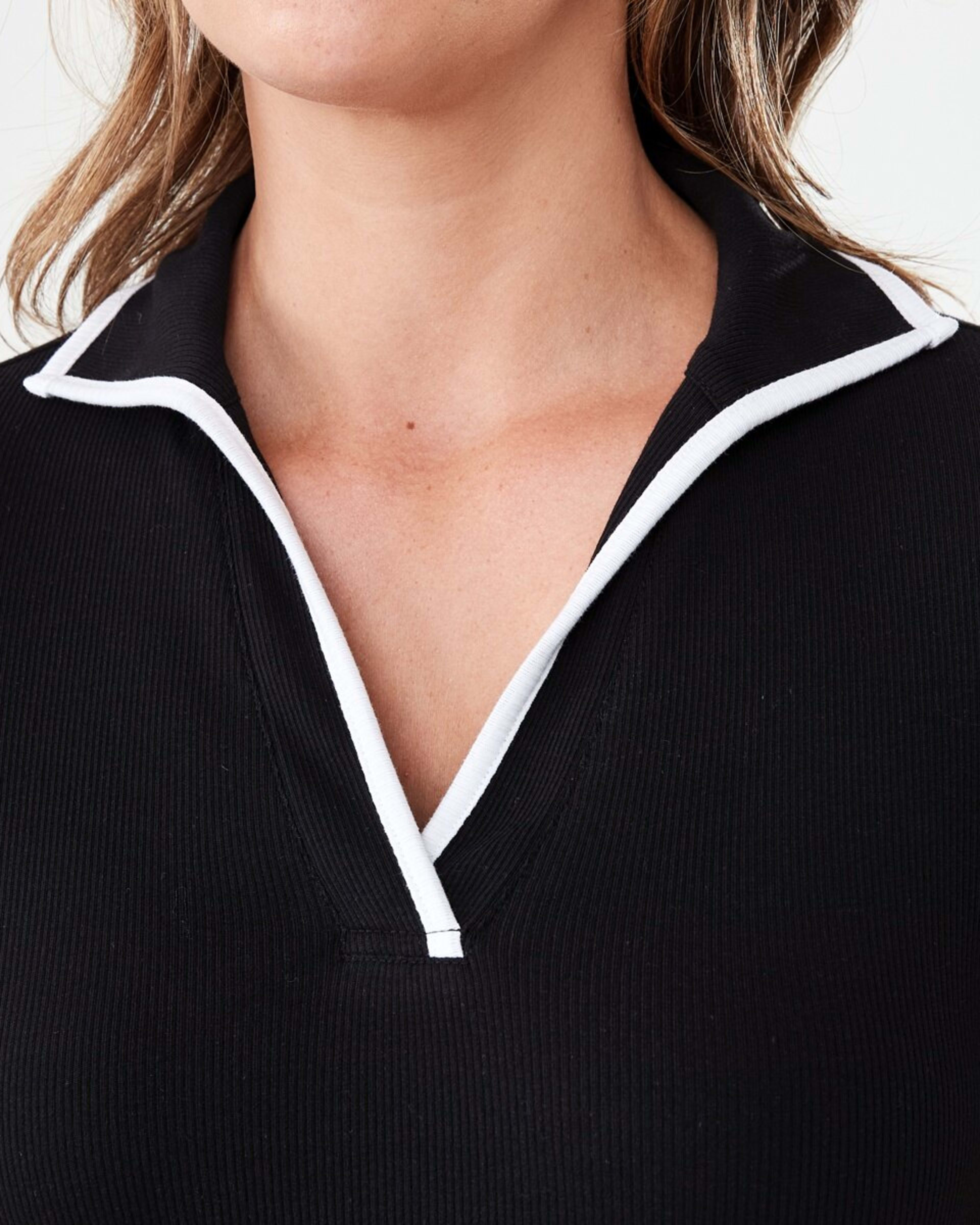 5 Short Sleeve Rib Contrast Polo Top Blk Wht, 5 of 6