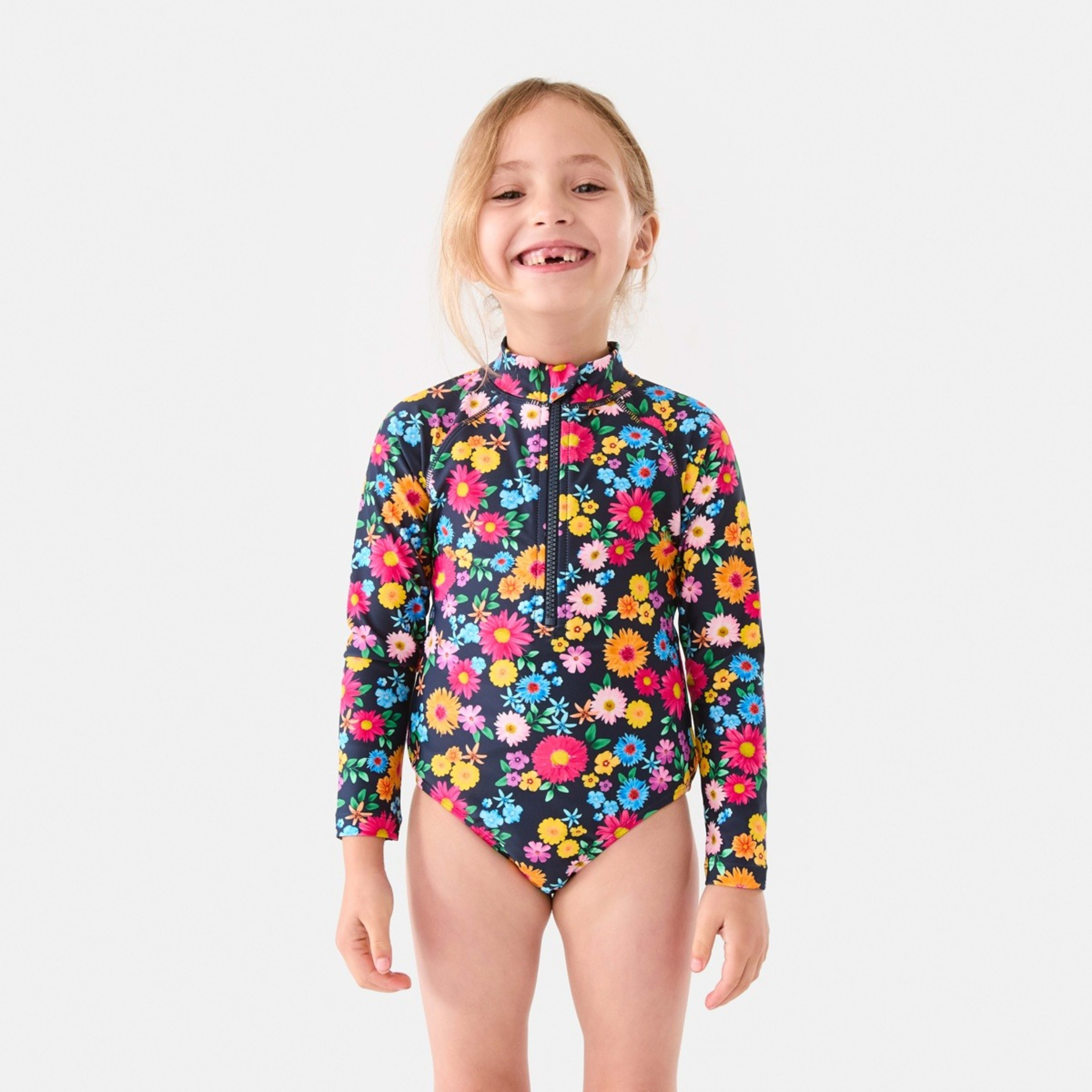 1 Long Sleeve One Piece Swimsuit Blu Floral, 1 of 7