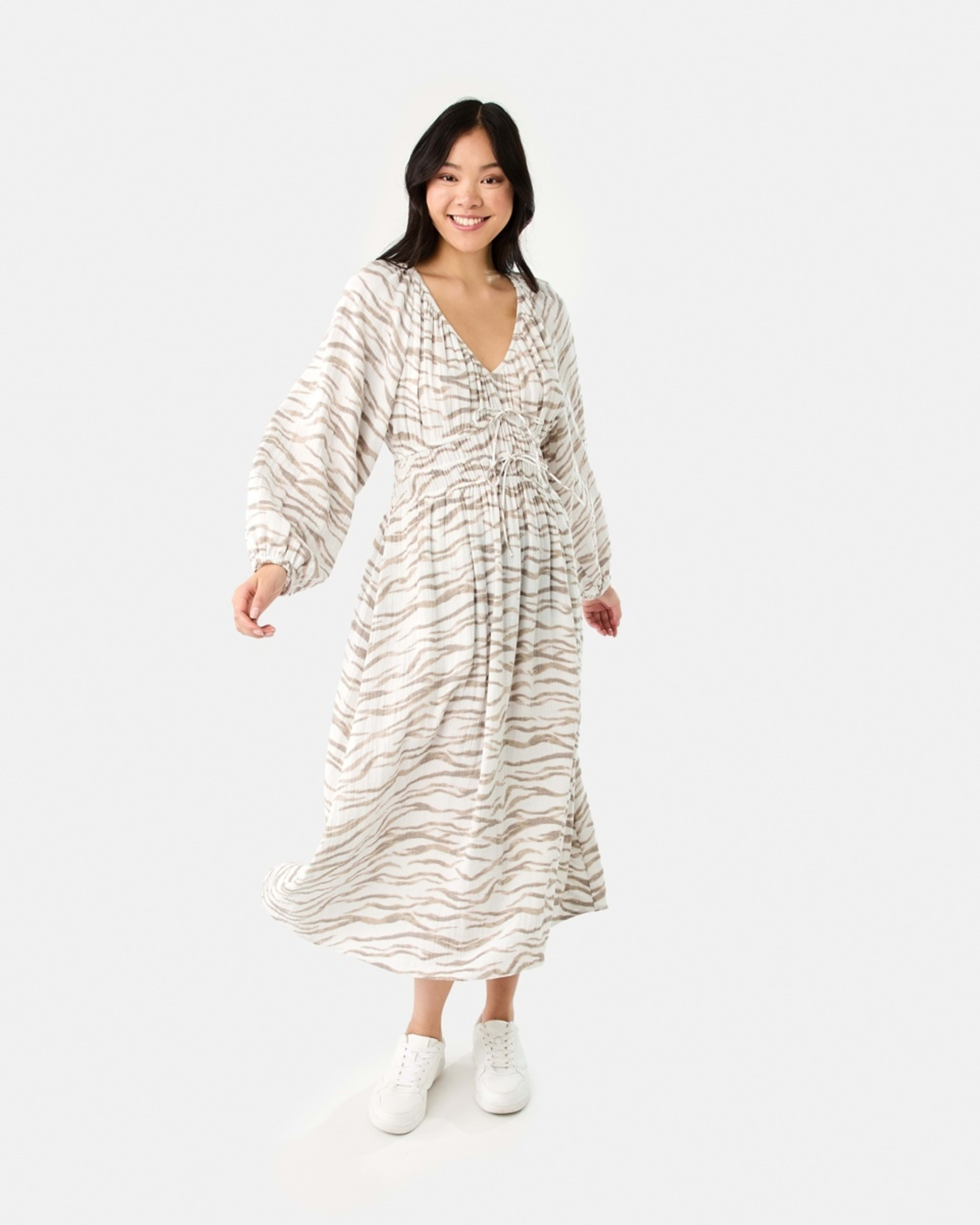 1 Long Sleeve Shirred Detail Midi Dress SOFT ZEBRA CLOUD DANCER, 1 of 8