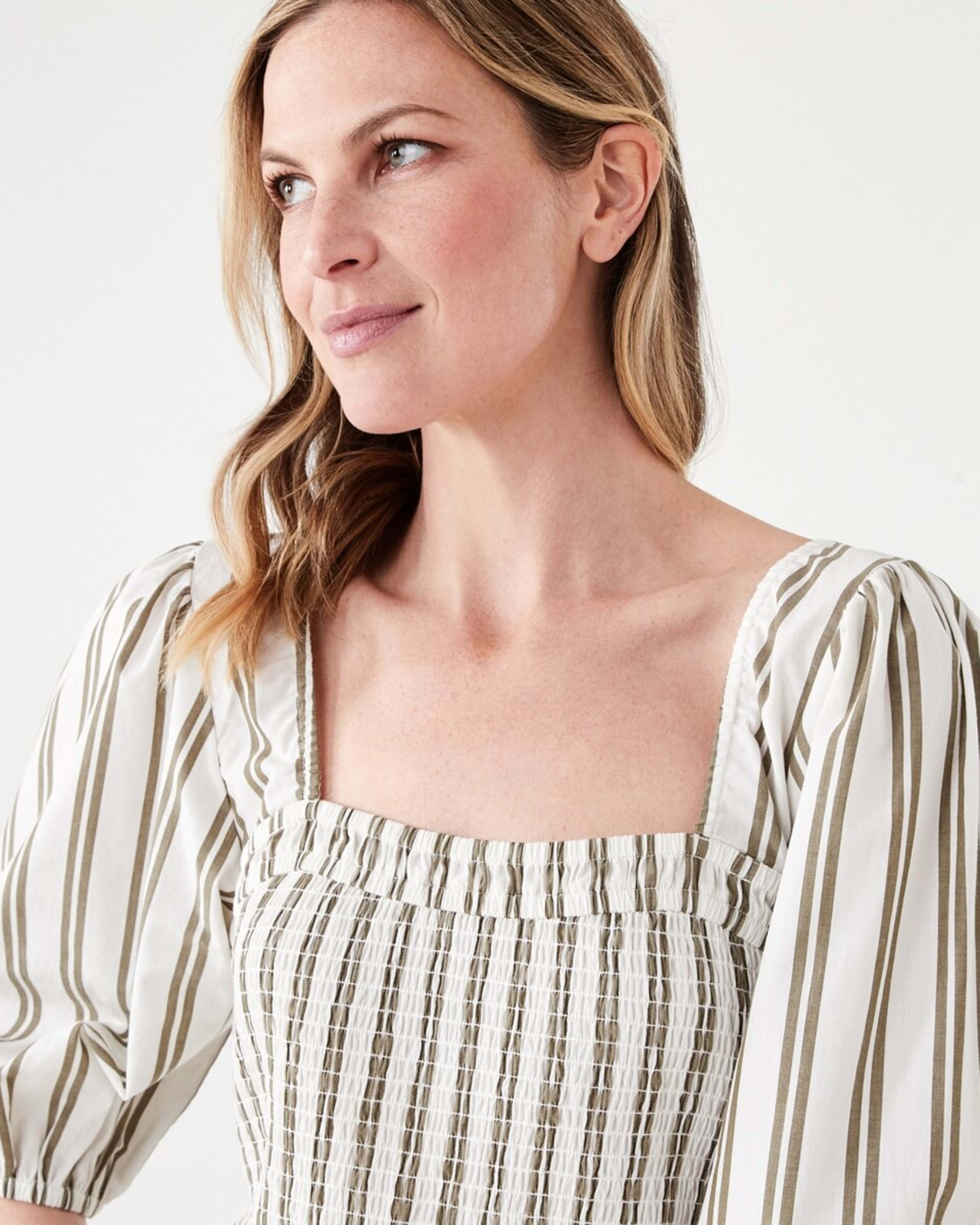 4 Short Sleeve Shirred Bodice Midi Dress TAYLOR STRIPE BURNT OLIVE, 4 of 6