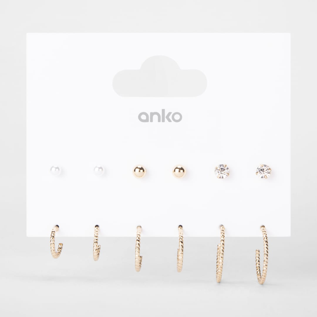 6 Pack Stud and Hoop Earrings Gold Tone Kmart