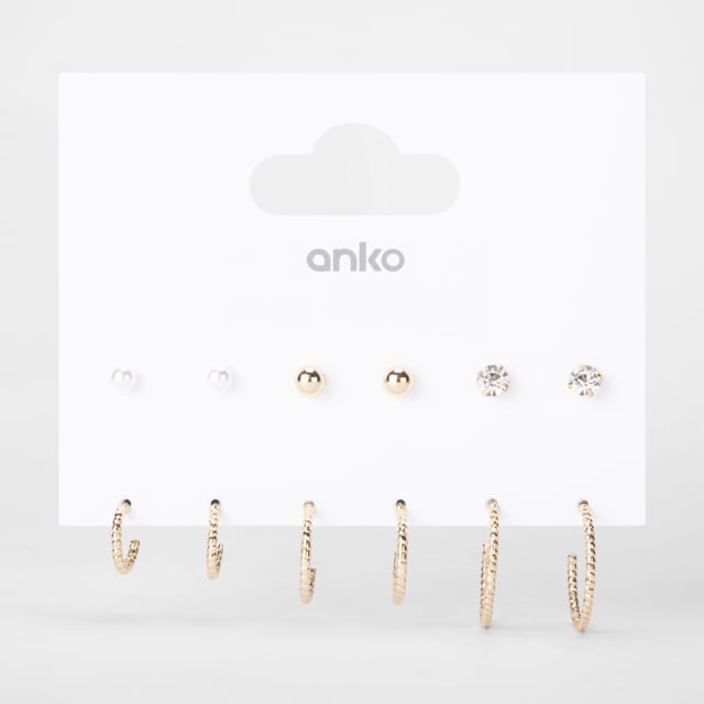 6 Pack Stud and Hoop Earrings Gold Tone Kmart