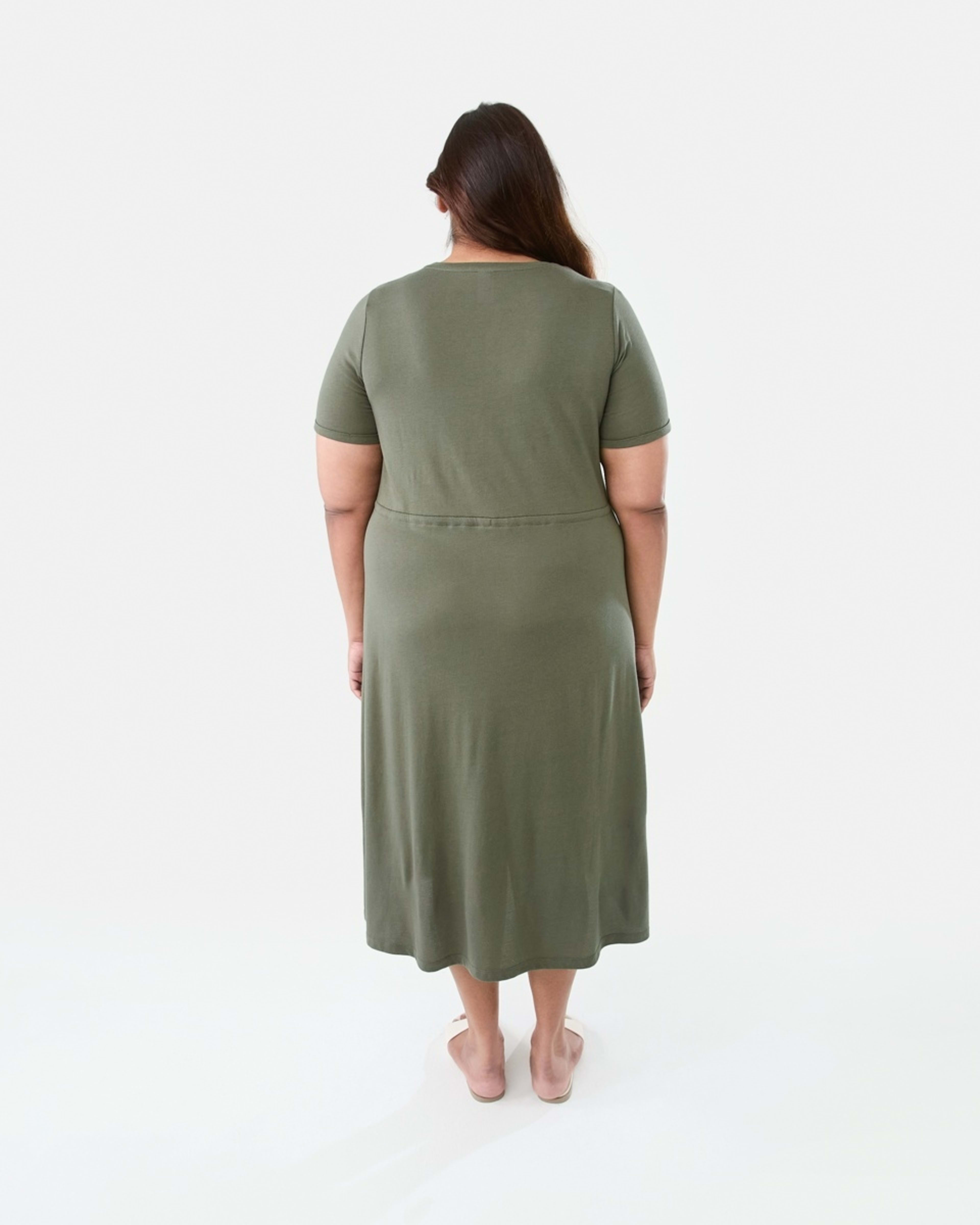 3 Curve Short Sleeve Waist Tie Midi Dress Grn Olive, 3 of 7
