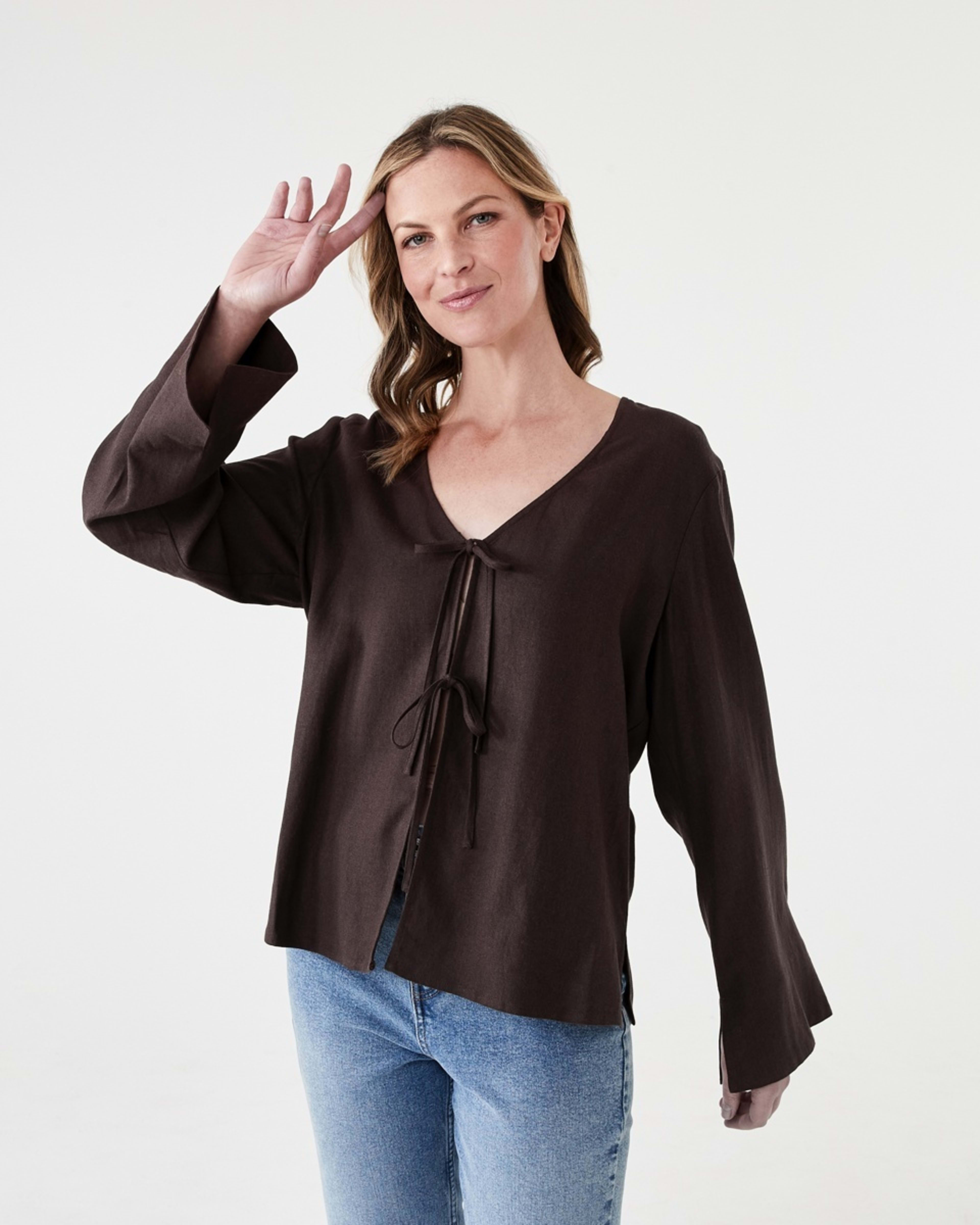 1 Long Sleeve Tie Front Linen Blend Top MELTED CHOCOLATE