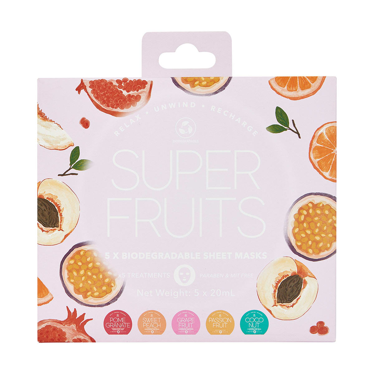 5 Pack Super Fruits Biodegradable Sheet Masks 20ml Kmart