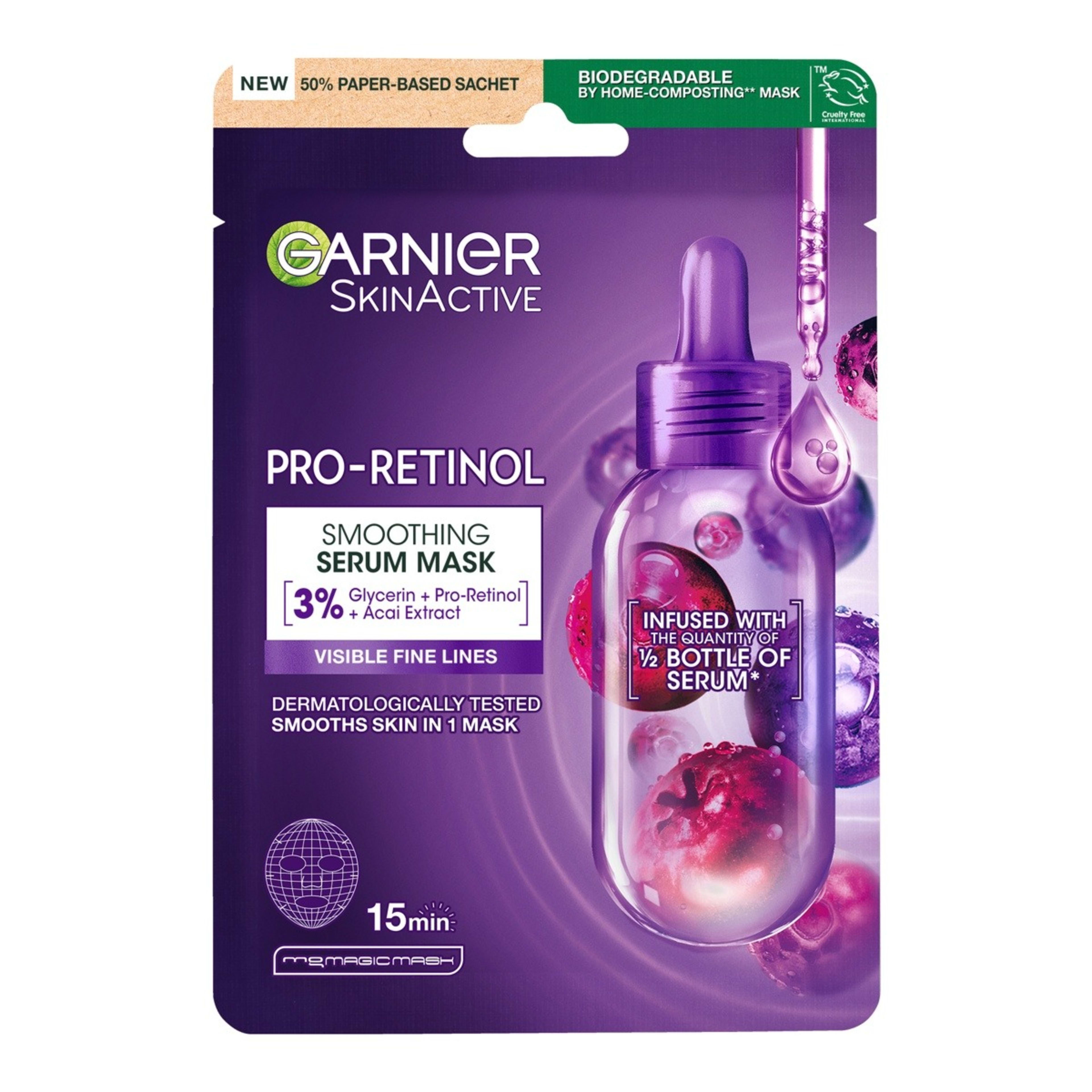 1 Garnier SkinActive Smoothing Serum Mask 28g - Glycerin, Pro-Retinol and Acai Extract