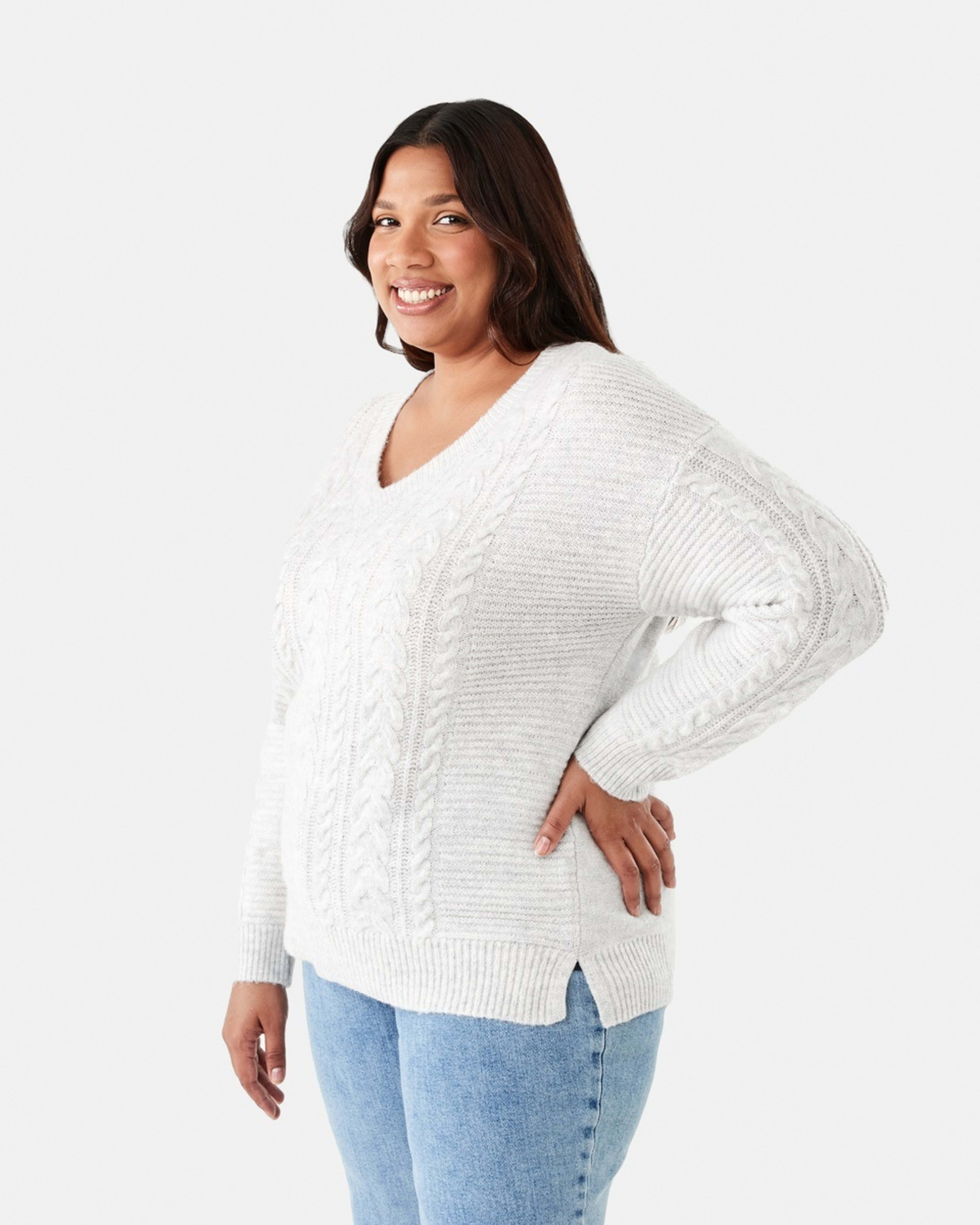 2 Curve Cable V-Neck Jumper Wht Marle, 2 of 6