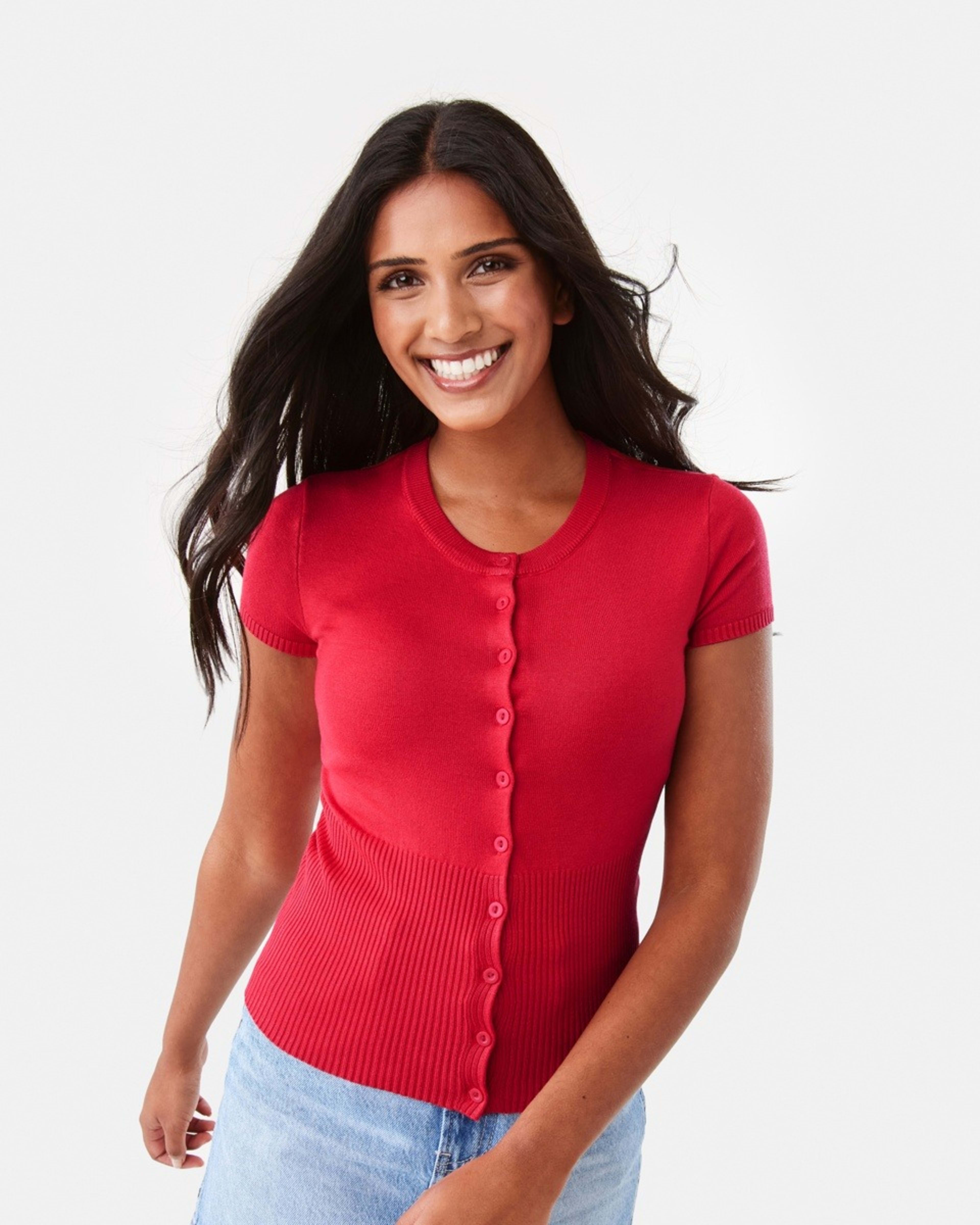 1 Short Sleeve Longline Button Up Top Strawberry