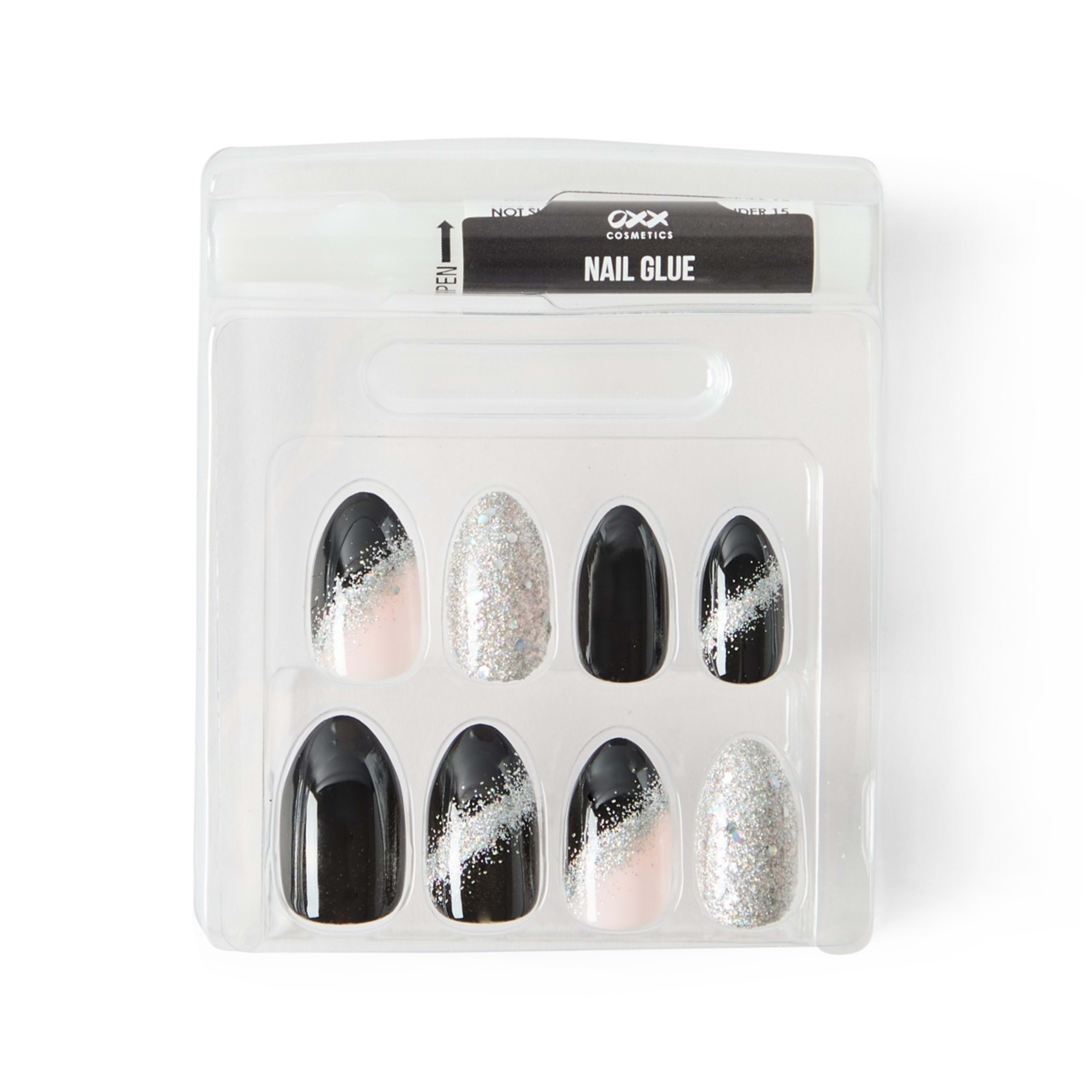 4 OXX Cosmetics 24 Pack Artificial Nails with Adhesive - Almond Shape, Black and Silver Glitter, 4 of 5