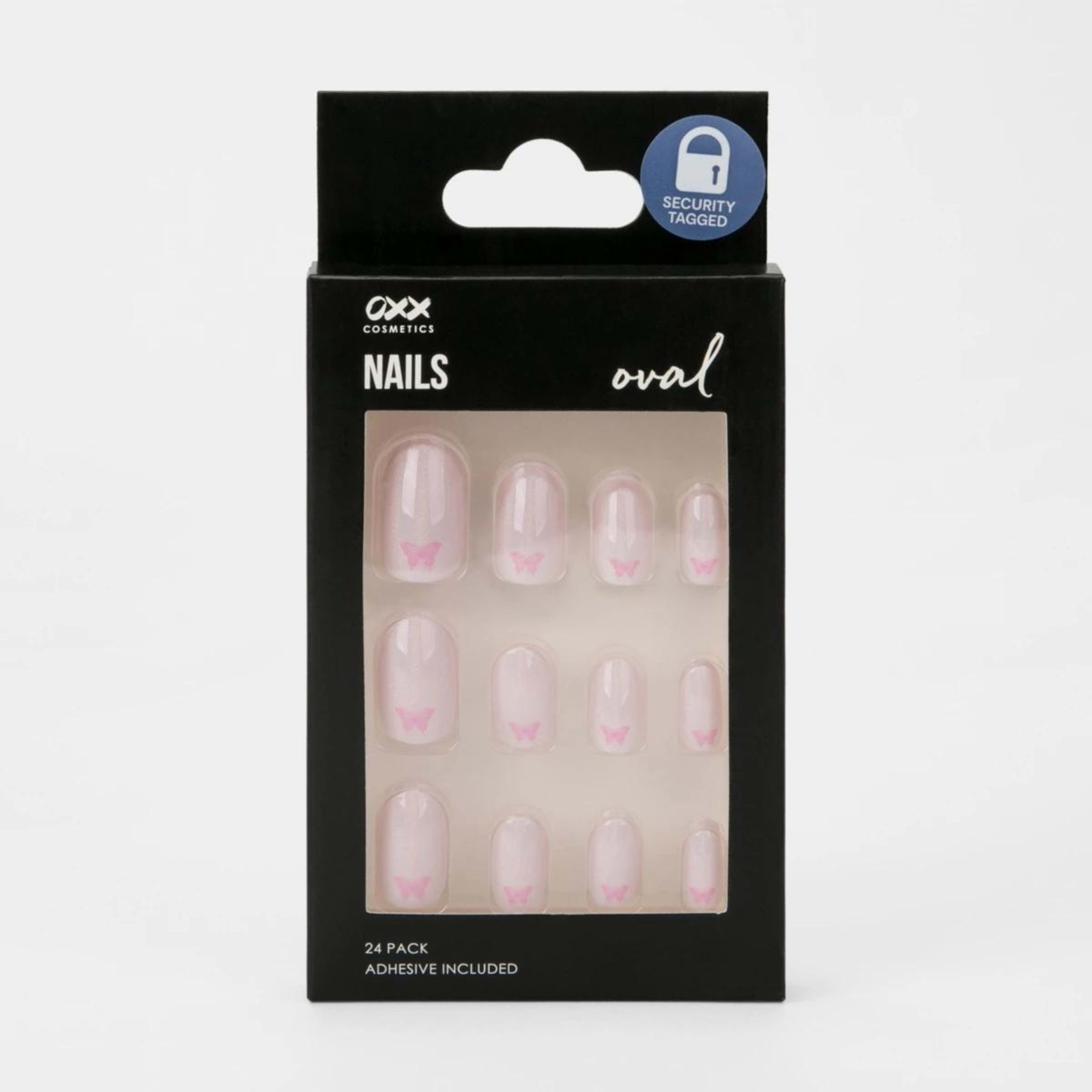 1 OXX Cosmetics 24 Pack False Nails with Adhesive - Oval Shape, Butterfly Shimmer