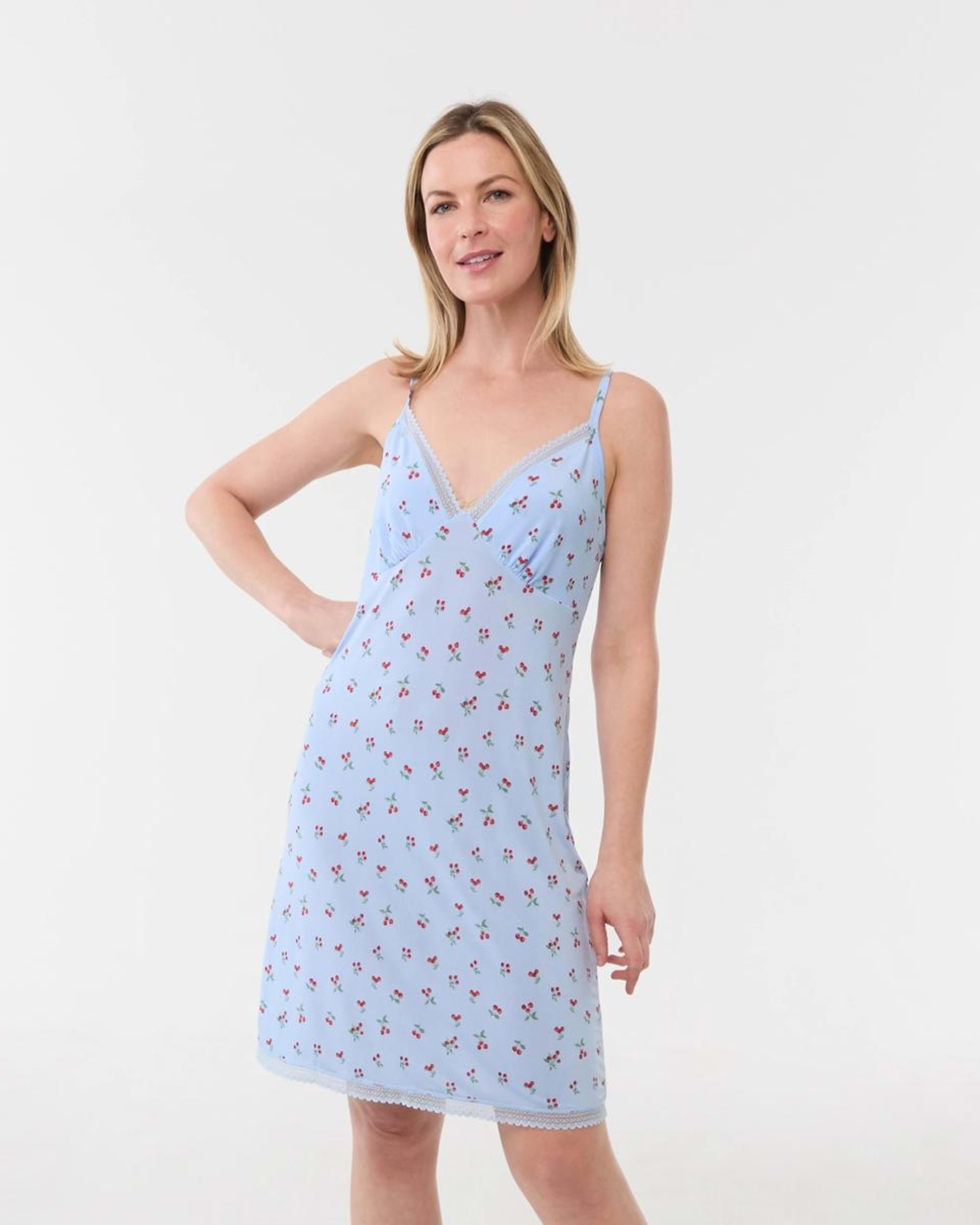 1 Printed Lace Trim Chemise CHERRIES WINDY BLUE, 1 of 5