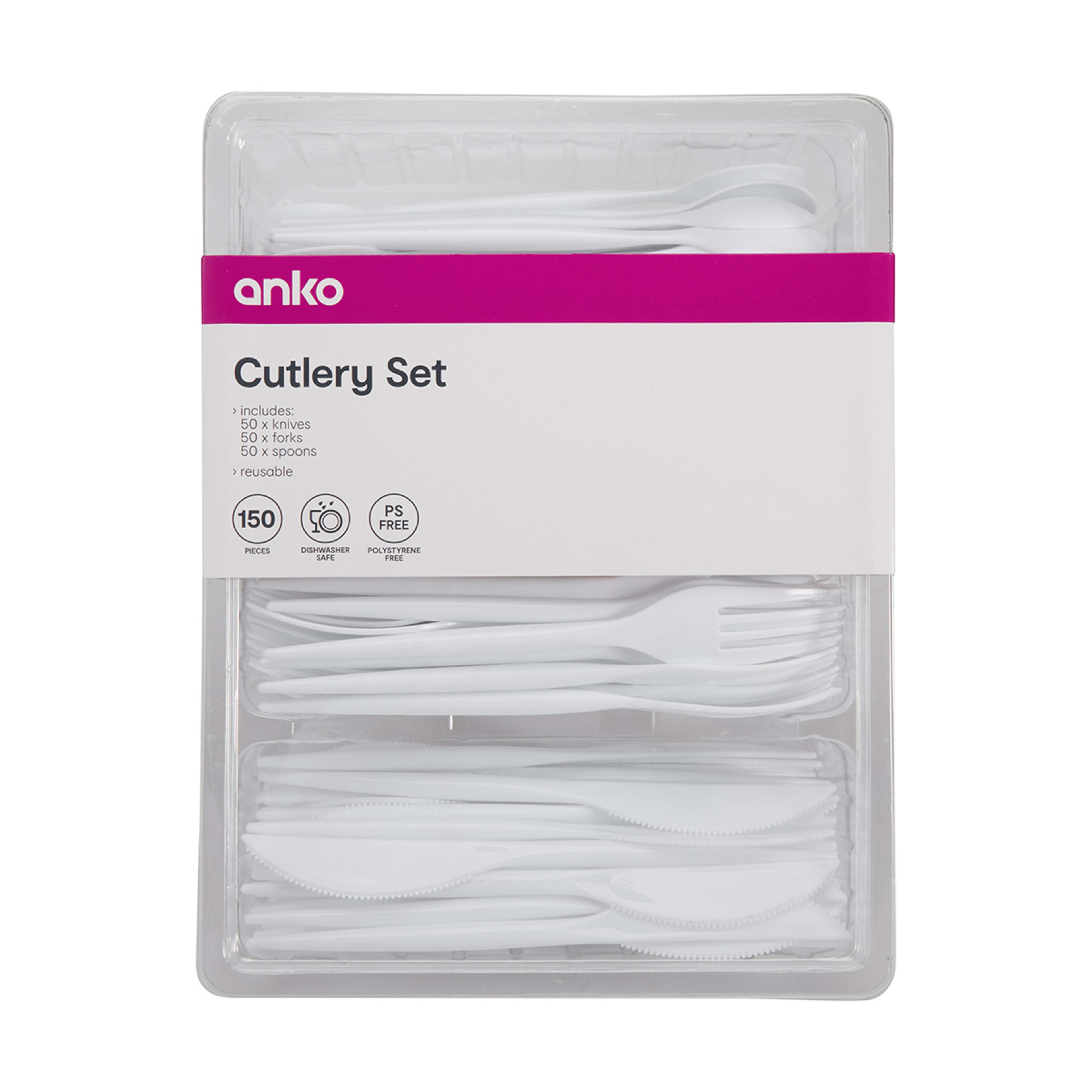 150 Piece Reusable White Plastic Cutlery Set Kmart