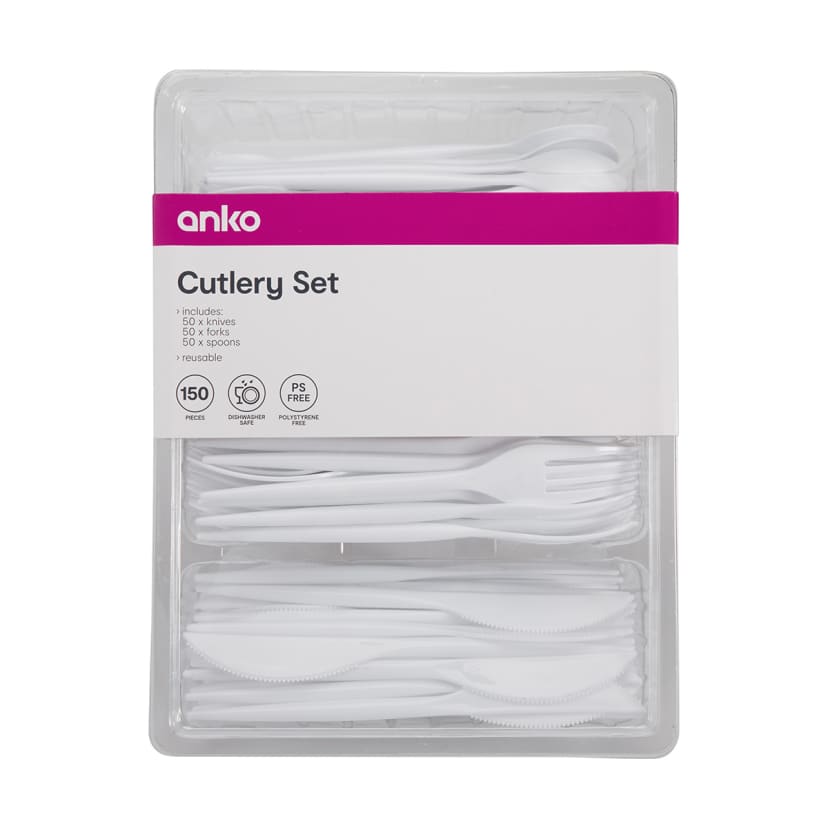 150 Piece Reusable White Plastic Cutlery Set Kmart