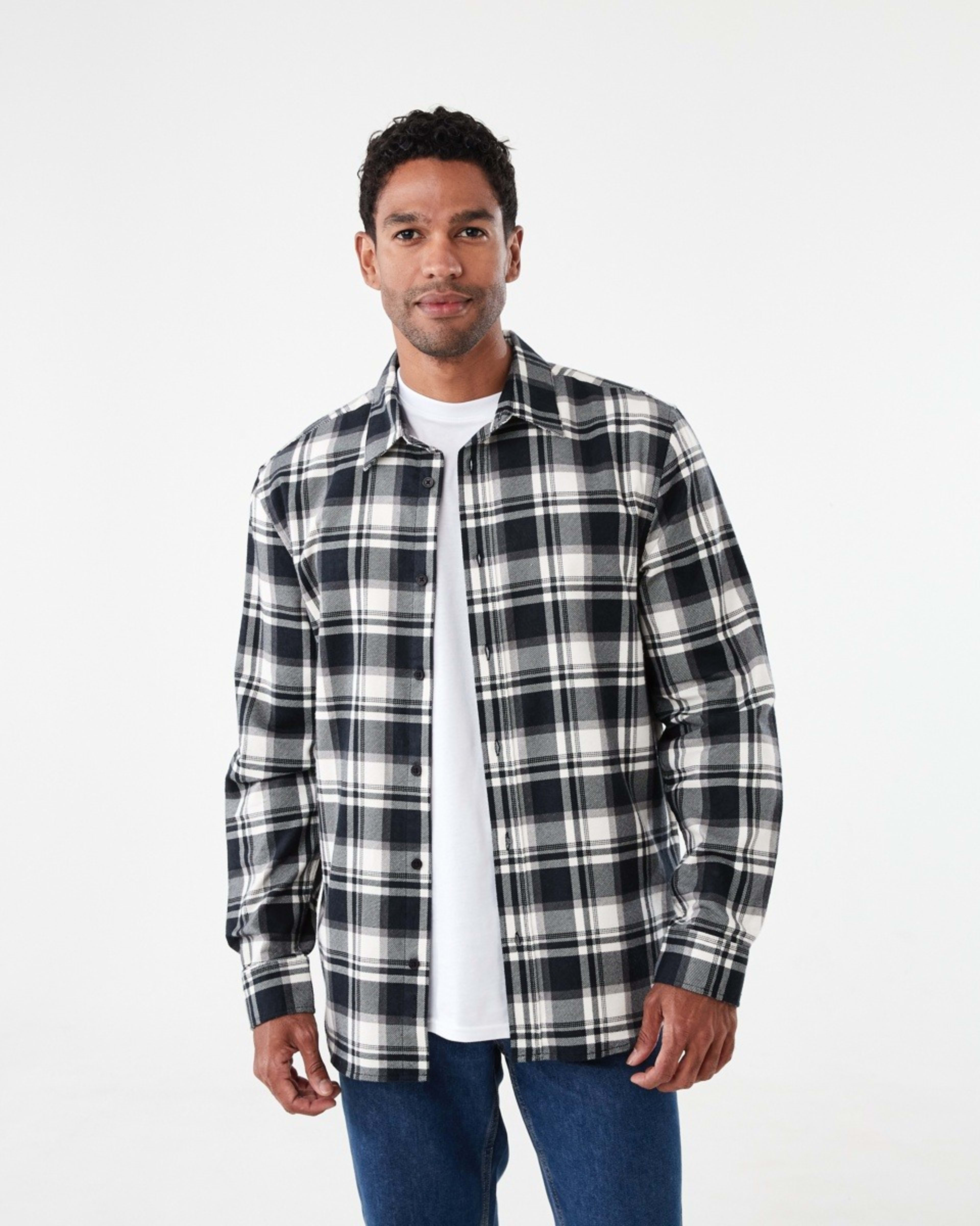 1 Long Sleeve Printed Plaid Shirt Blk Check