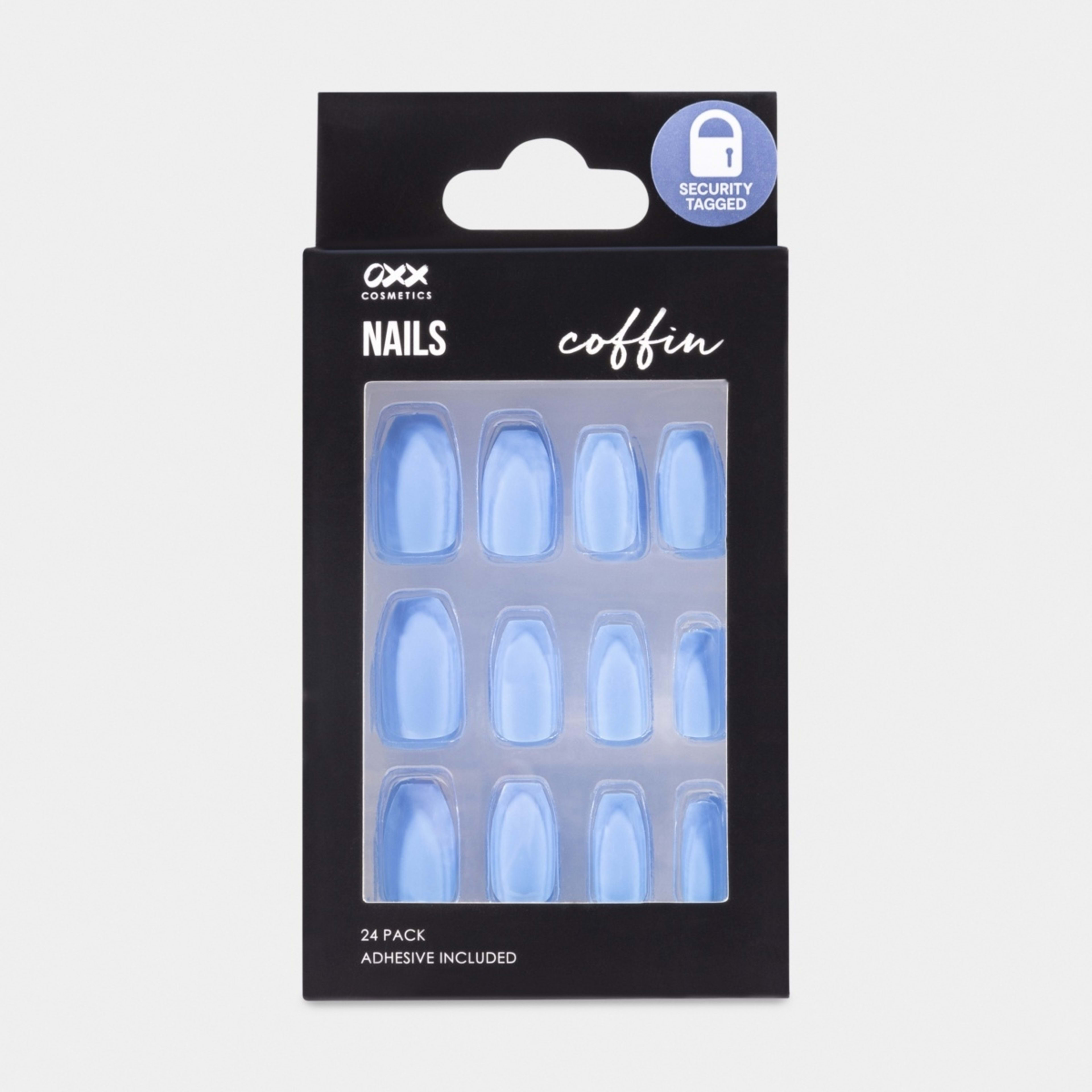 OXX Cosmetics 24 Pack False Nails with Adhesive Coffin Shape, Blue