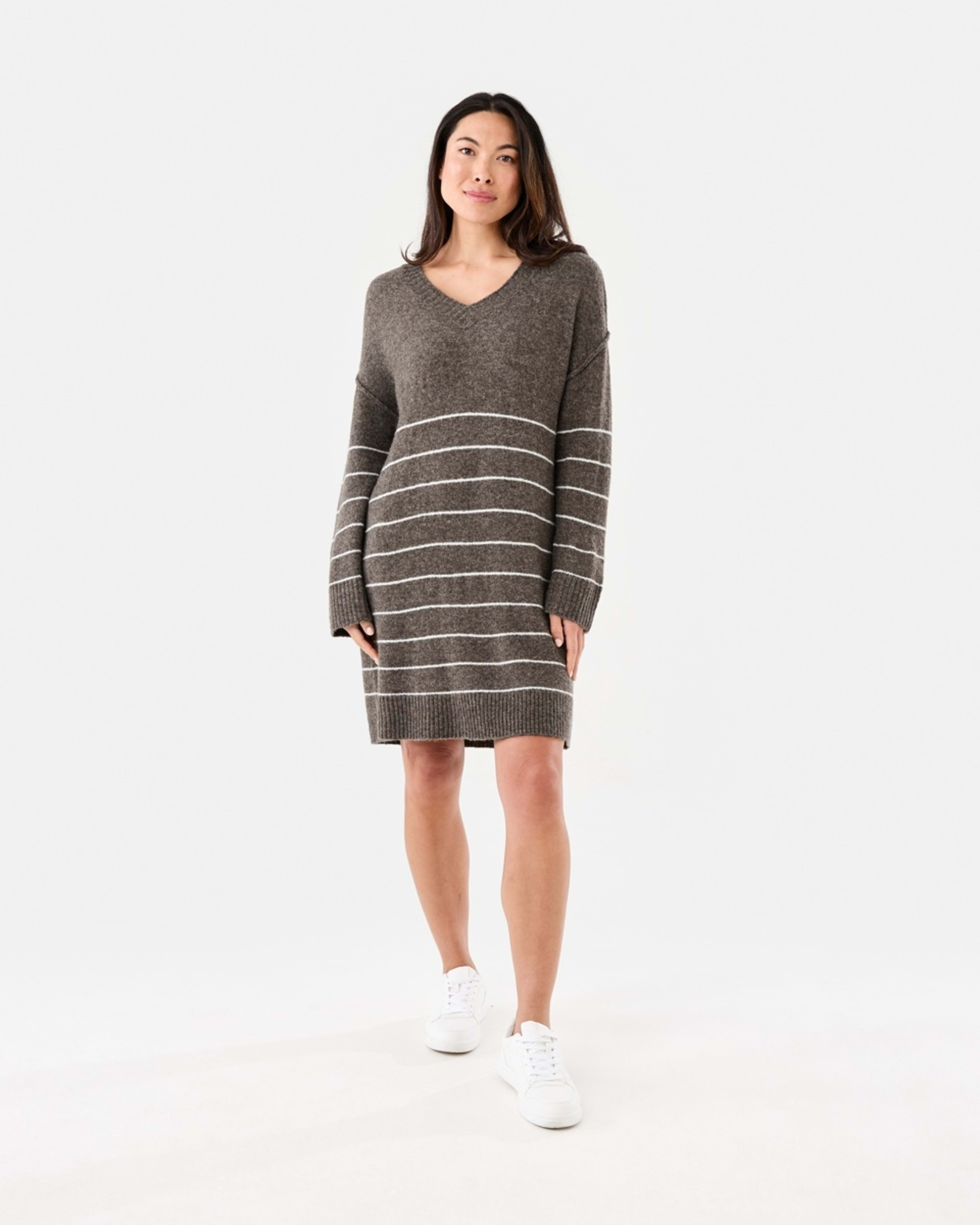 1 Long Sleeve V-Neck Sweater Mini Dress Brown Strp