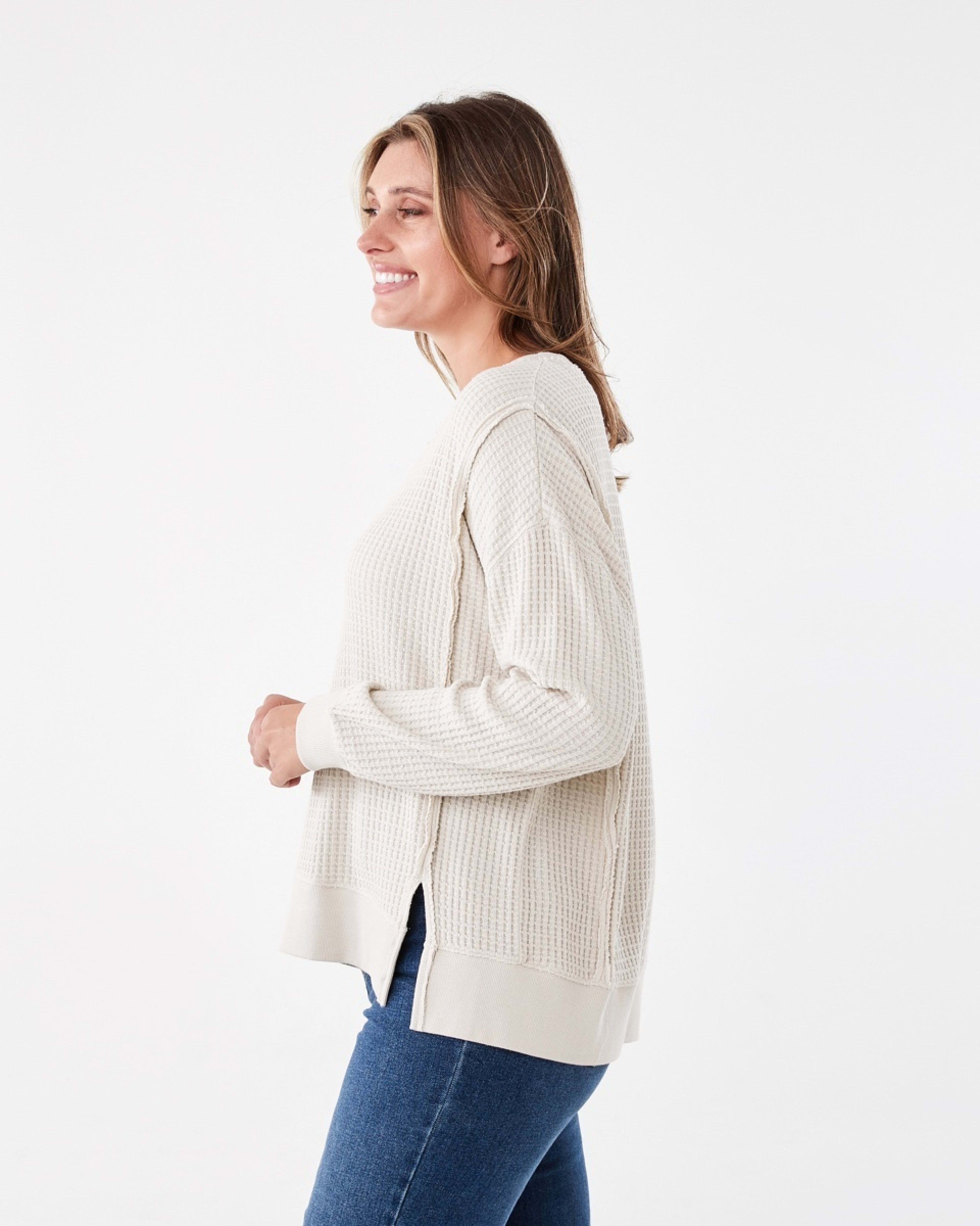 2 Long Sleeve Waffle V-Neck Top Nat Beige, 2 of 6
