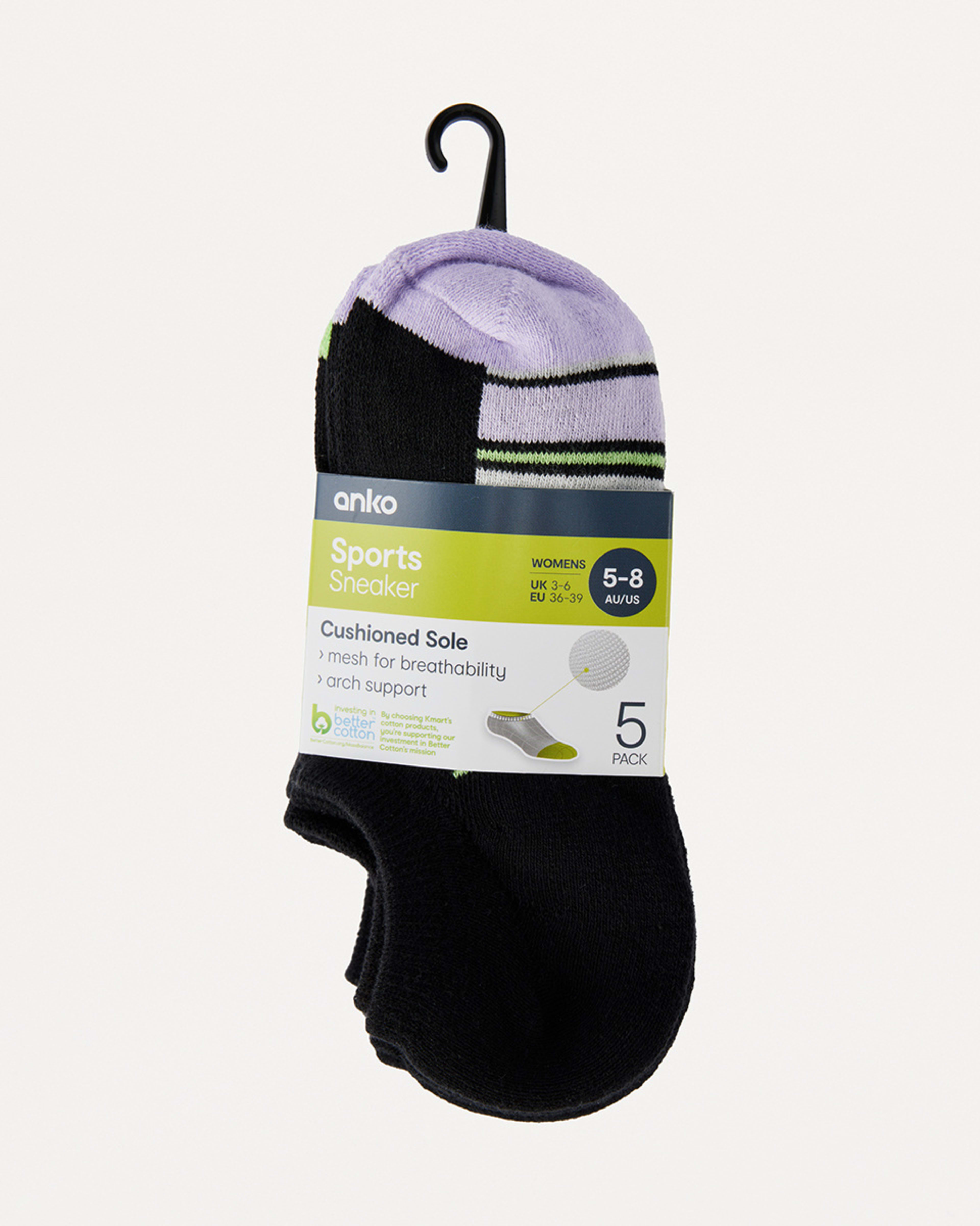 3 5 Pack Terry Sneaker Socks VARIGATED STRIPE PASTEL LILAC, 3 of 3