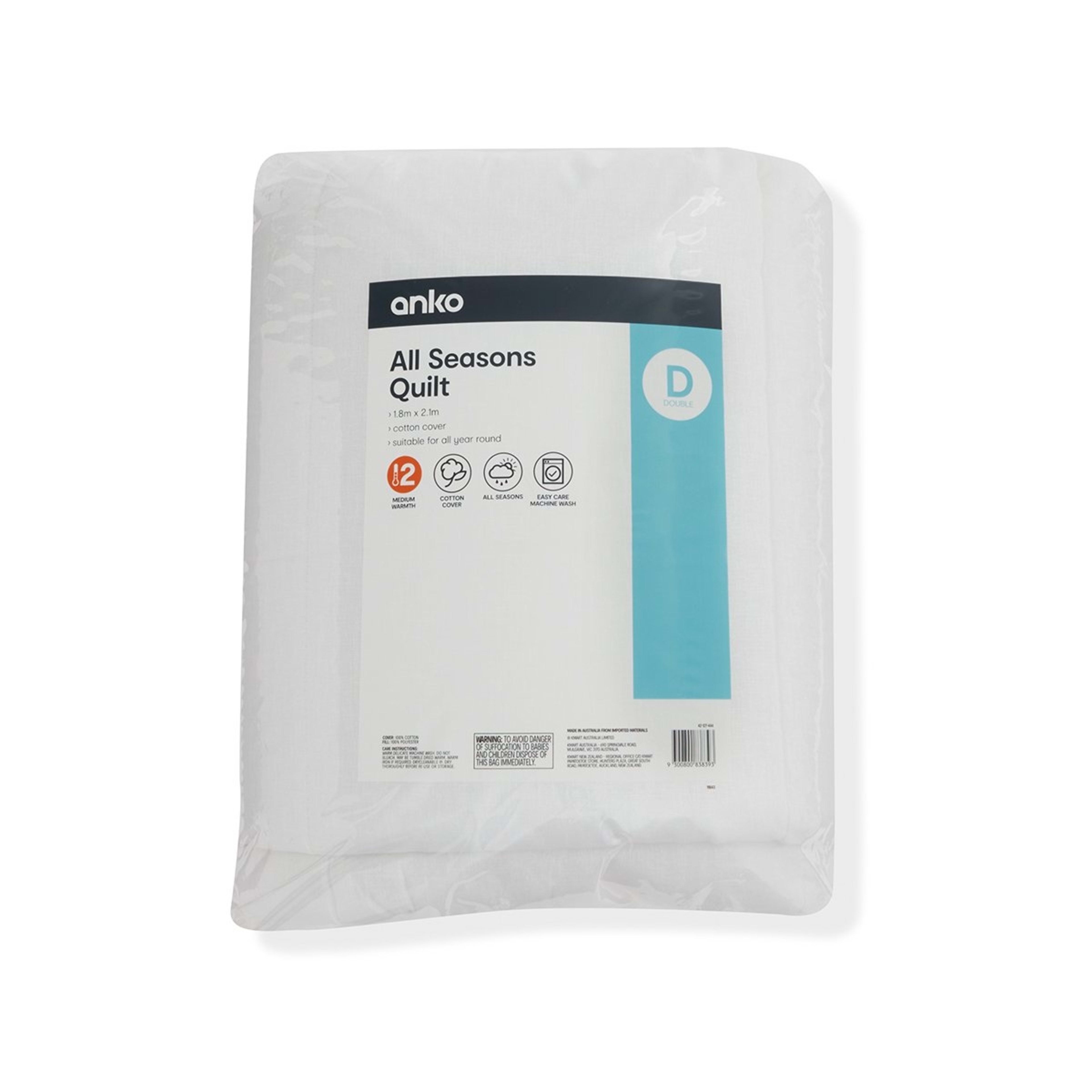 1 Medium Warmth All Seasons Quilt - Double Bed, White