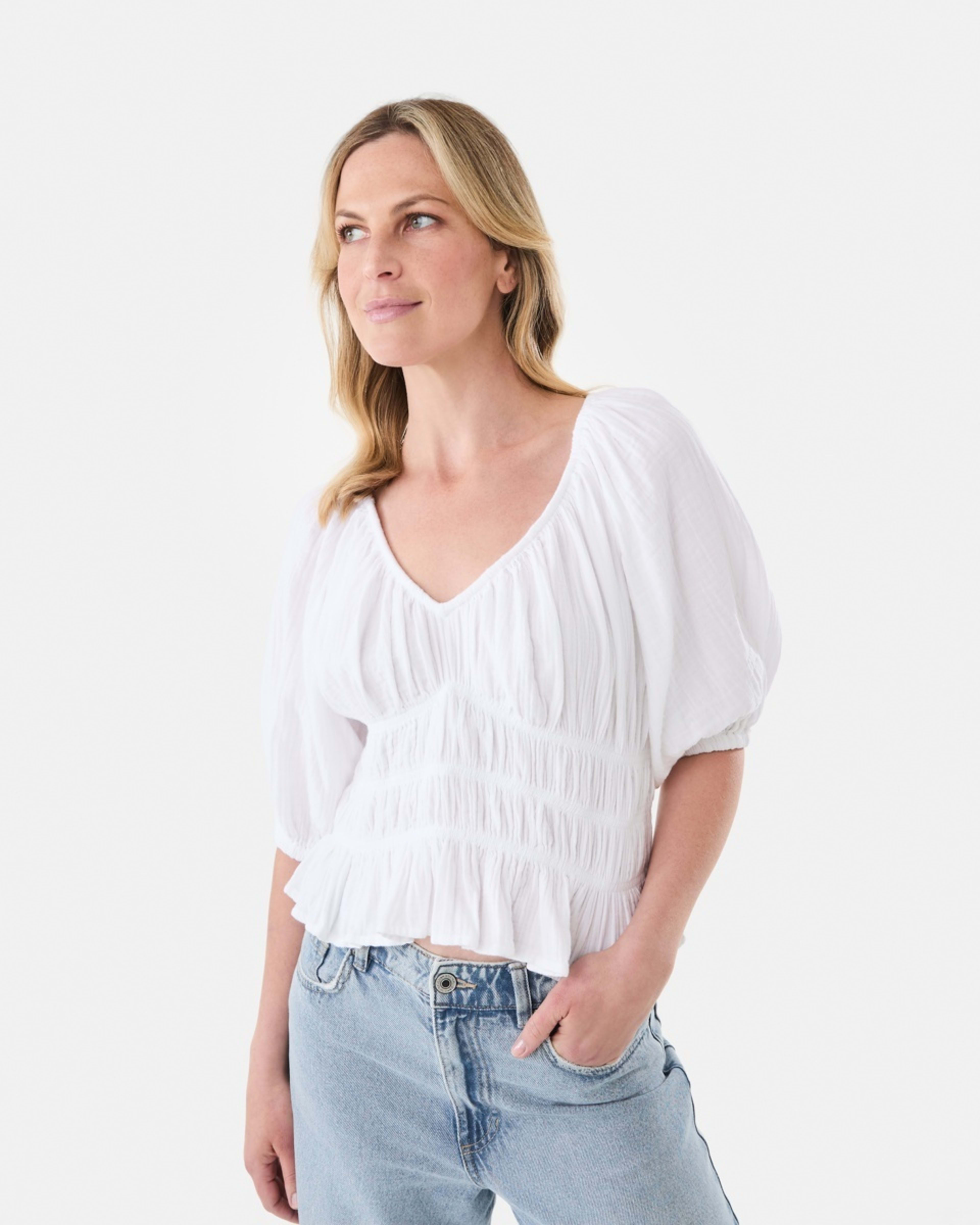 1 Short Sleeve Ruched Peplum Top White