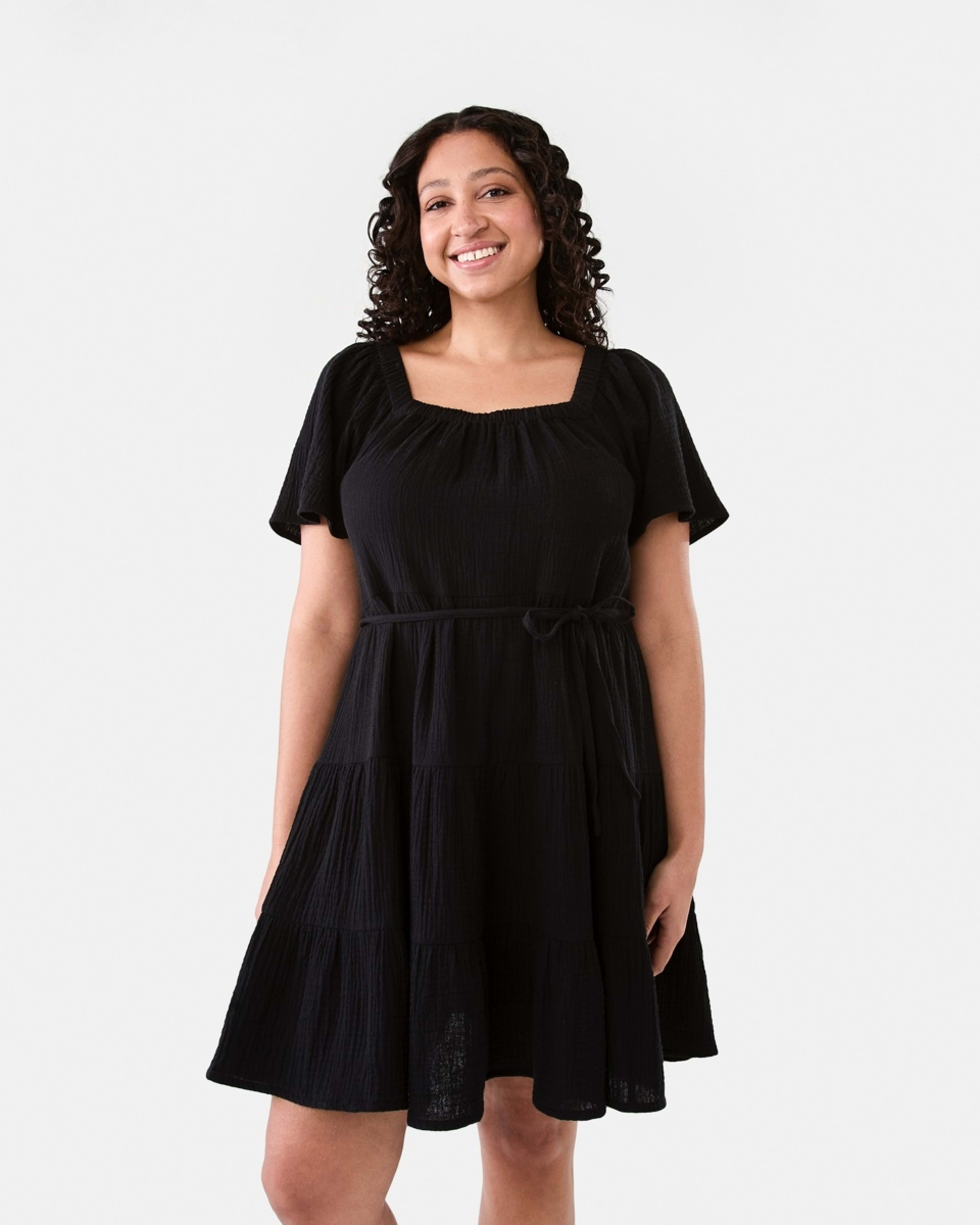 1 Short Sleeve Double Cloth Mini Dress Black