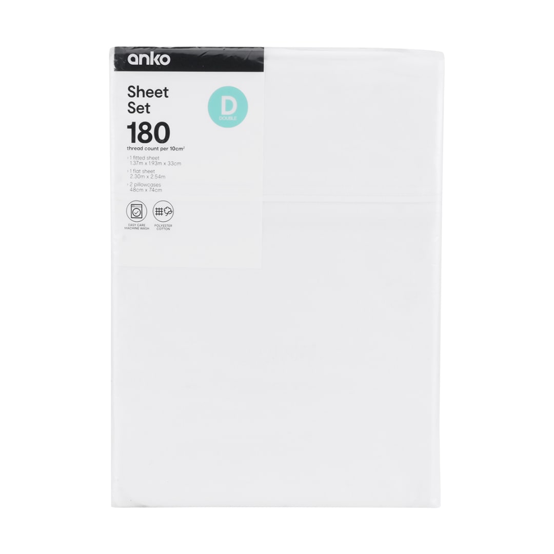 180 Thread Count Sheet Set Double Bed, White Kmart