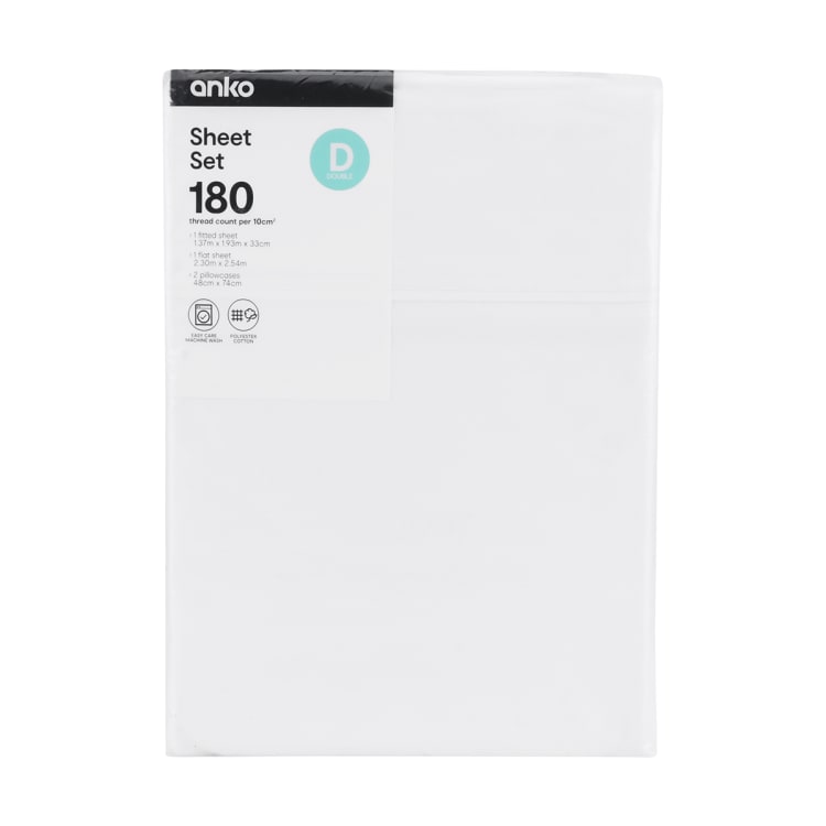 180 Thread Count Sheet Set Double Bed, White Kmart
