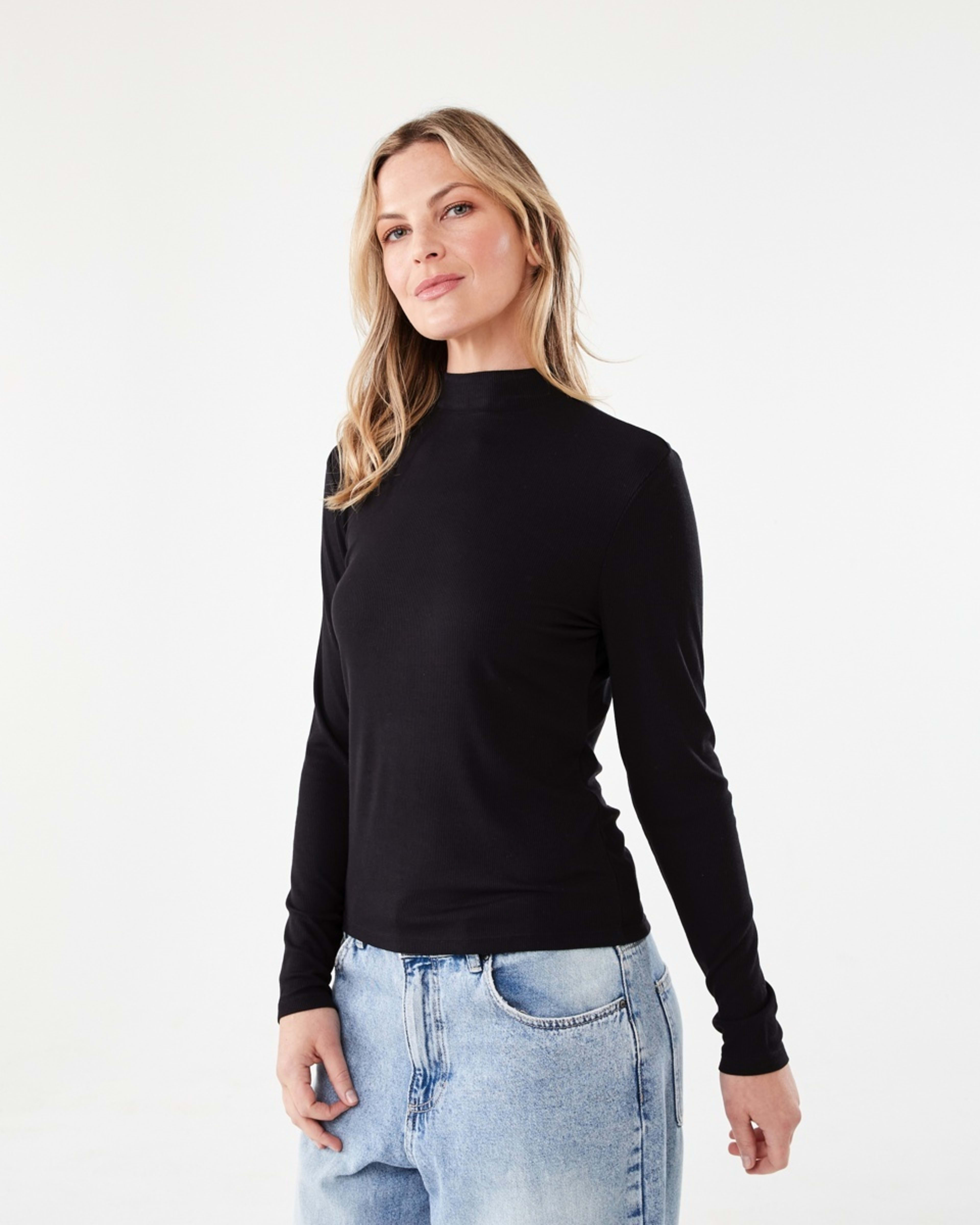 2 Long Sleeve Rib Mock Neck Top Black, 2 of 5