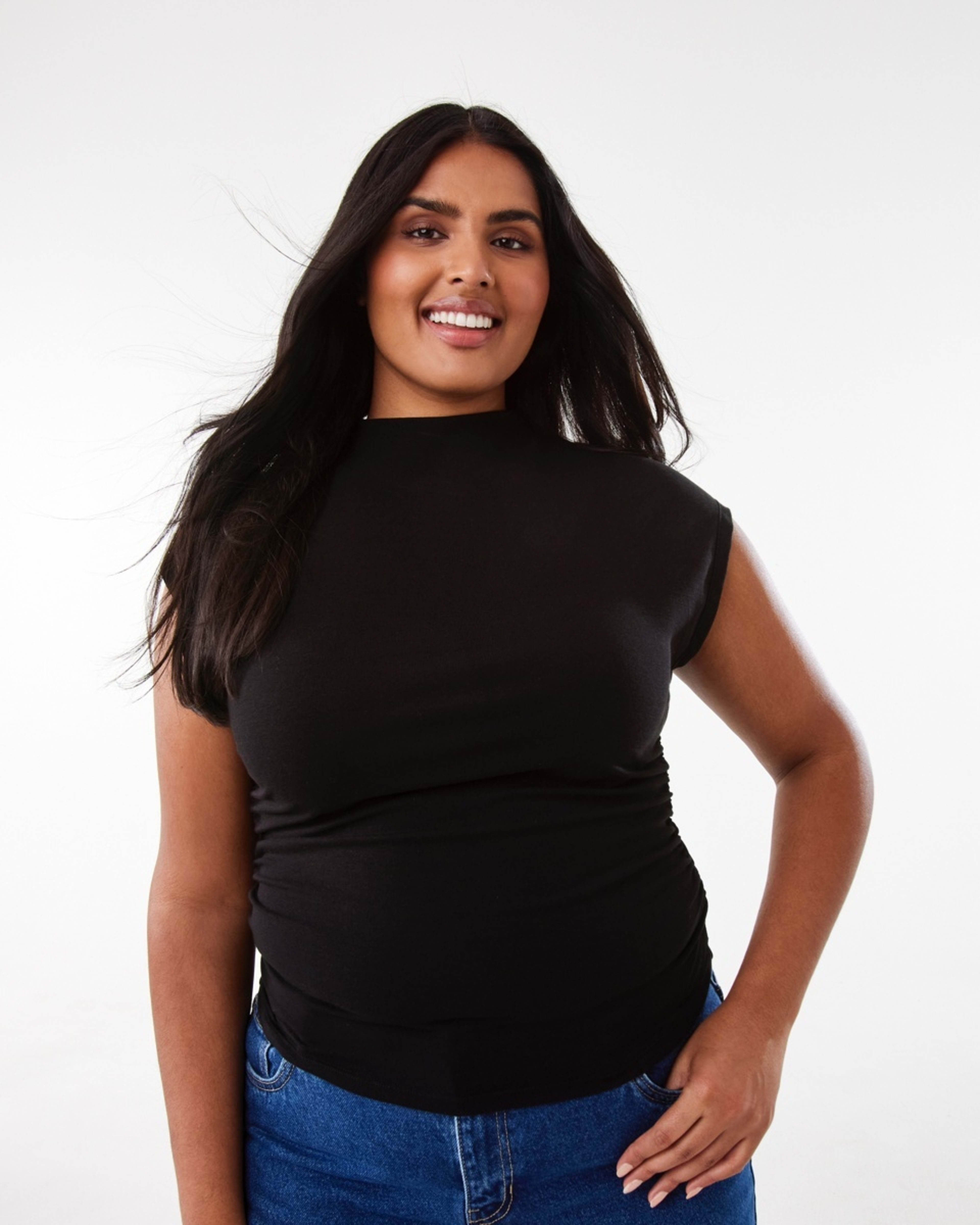 3 Sleeveless Mock Neck Ruched Top Black, 3 of 10