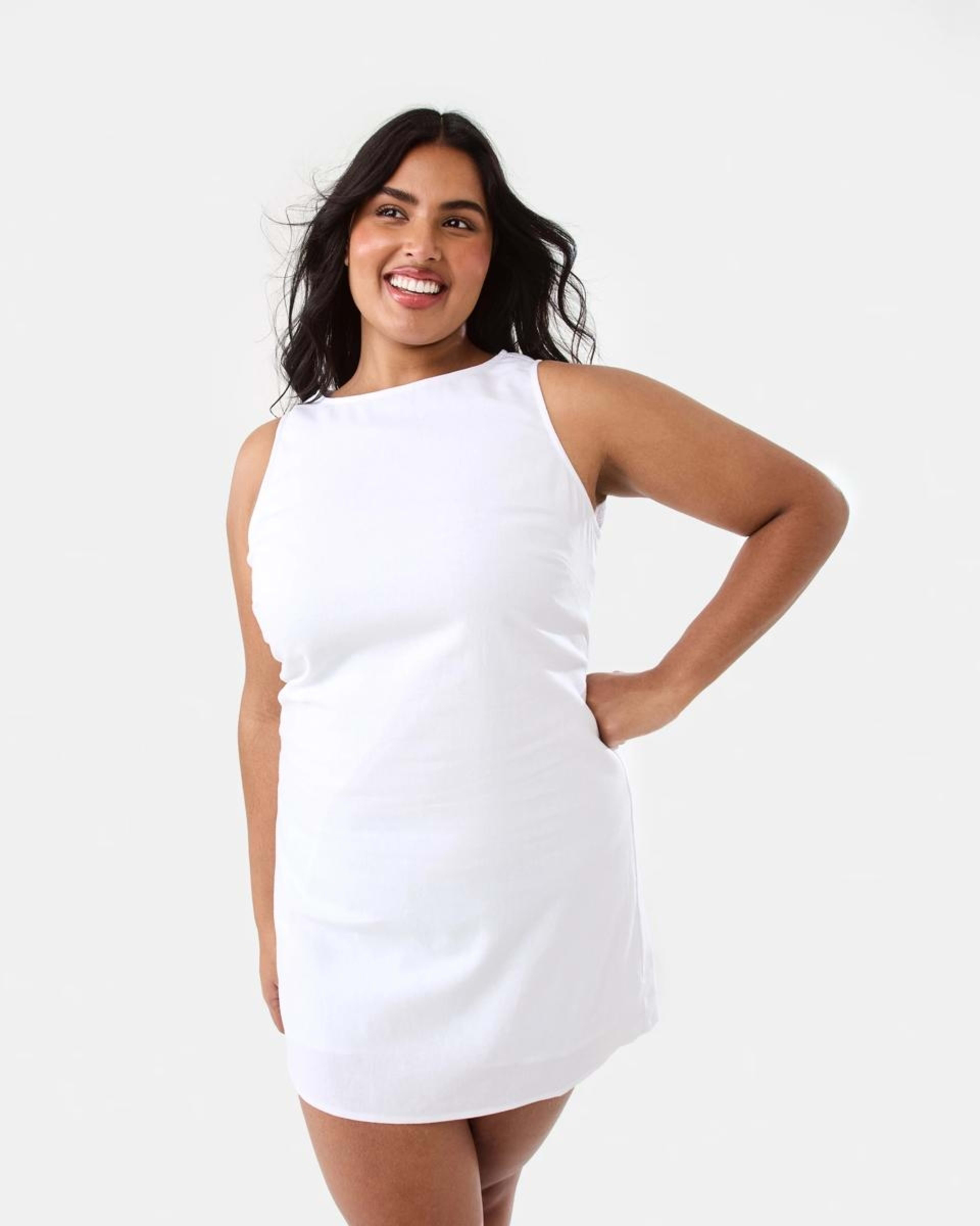 3 Sleeveless Boat Neck Linen Blend Mini Dress WHITE, 3 of 9