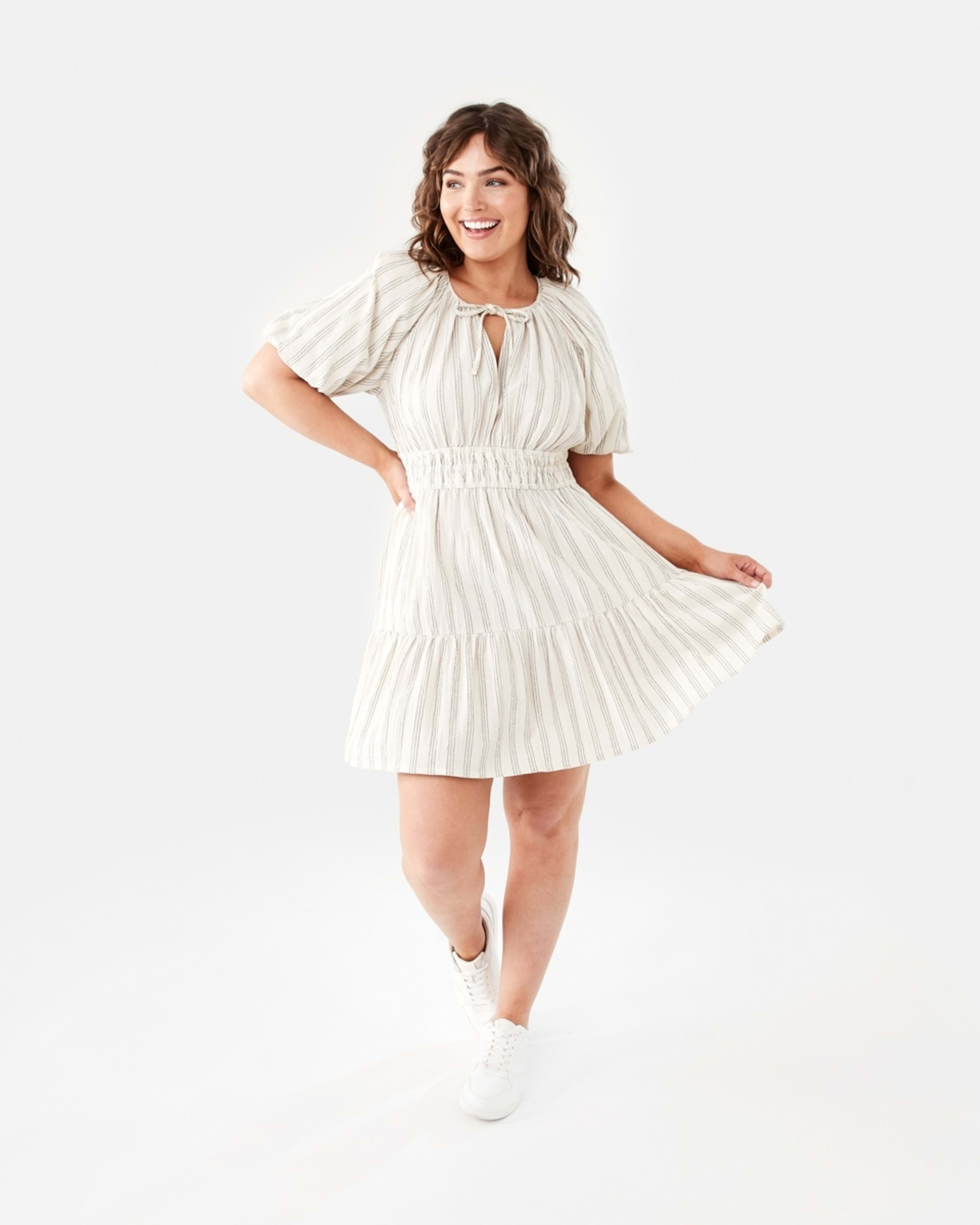 11 Short Sleeve Shirred Waist Mini Dress TRIPPLE STRIPE NATURAL BEIGE, 11 of 11
