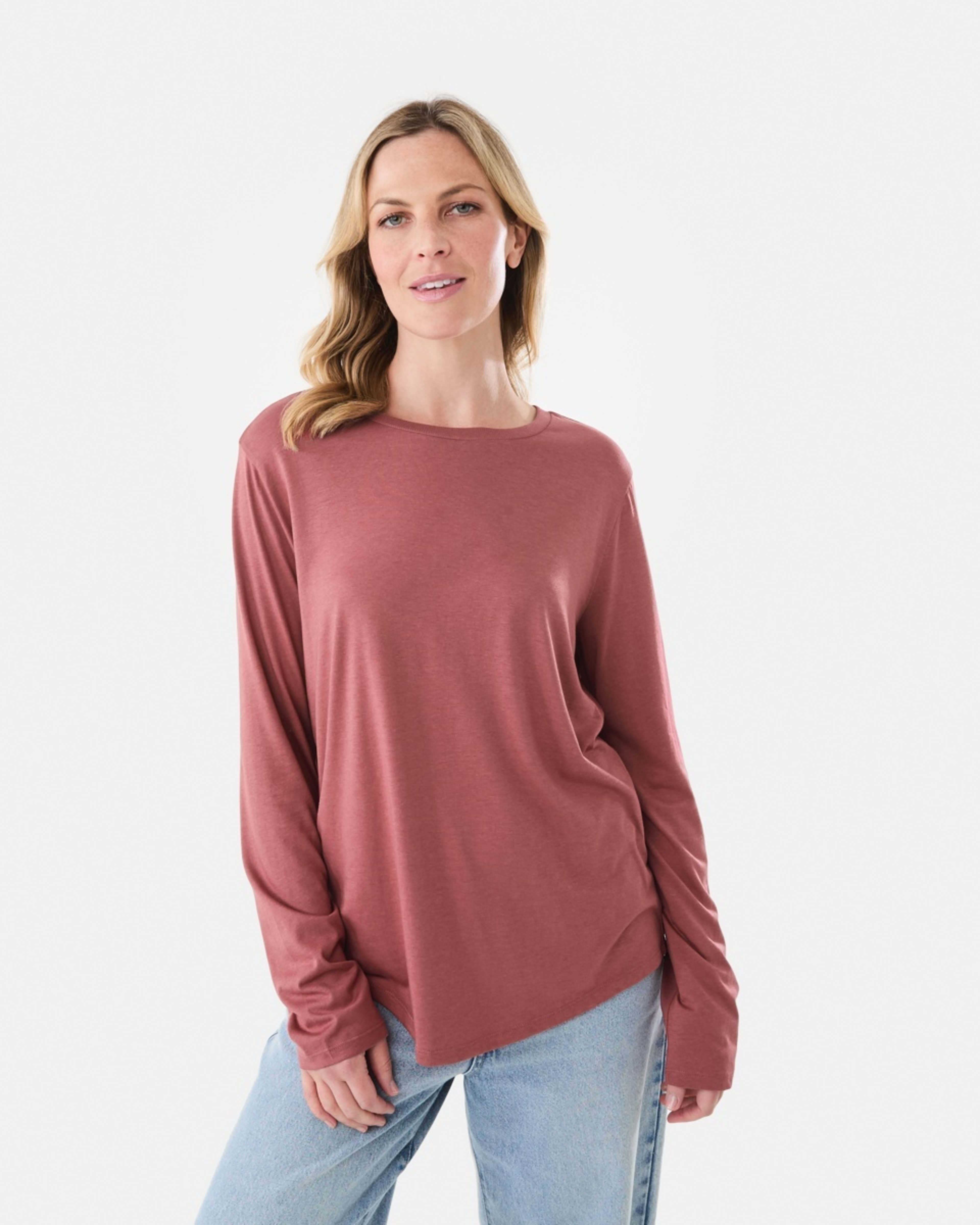 1 Long Sleeve Cotton Modal T-shirt DRIED RED, 1 of 5