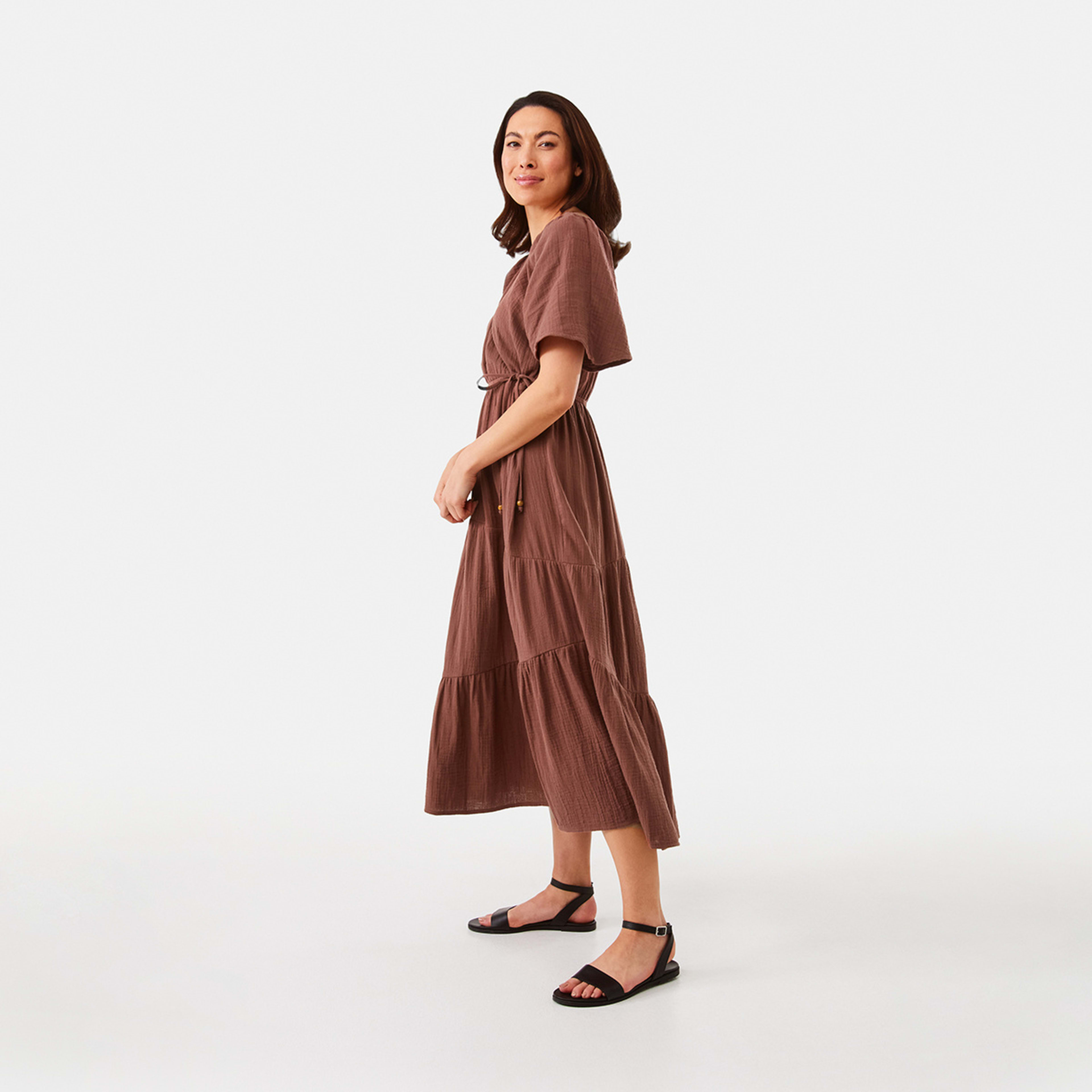 2 Short Sleeve Wrap Tiered Midi Dress Cacao Bean, 2 of 6