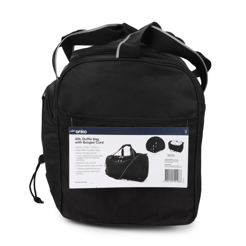 40L Duffle Bag with Bungee Cord Black Kmart