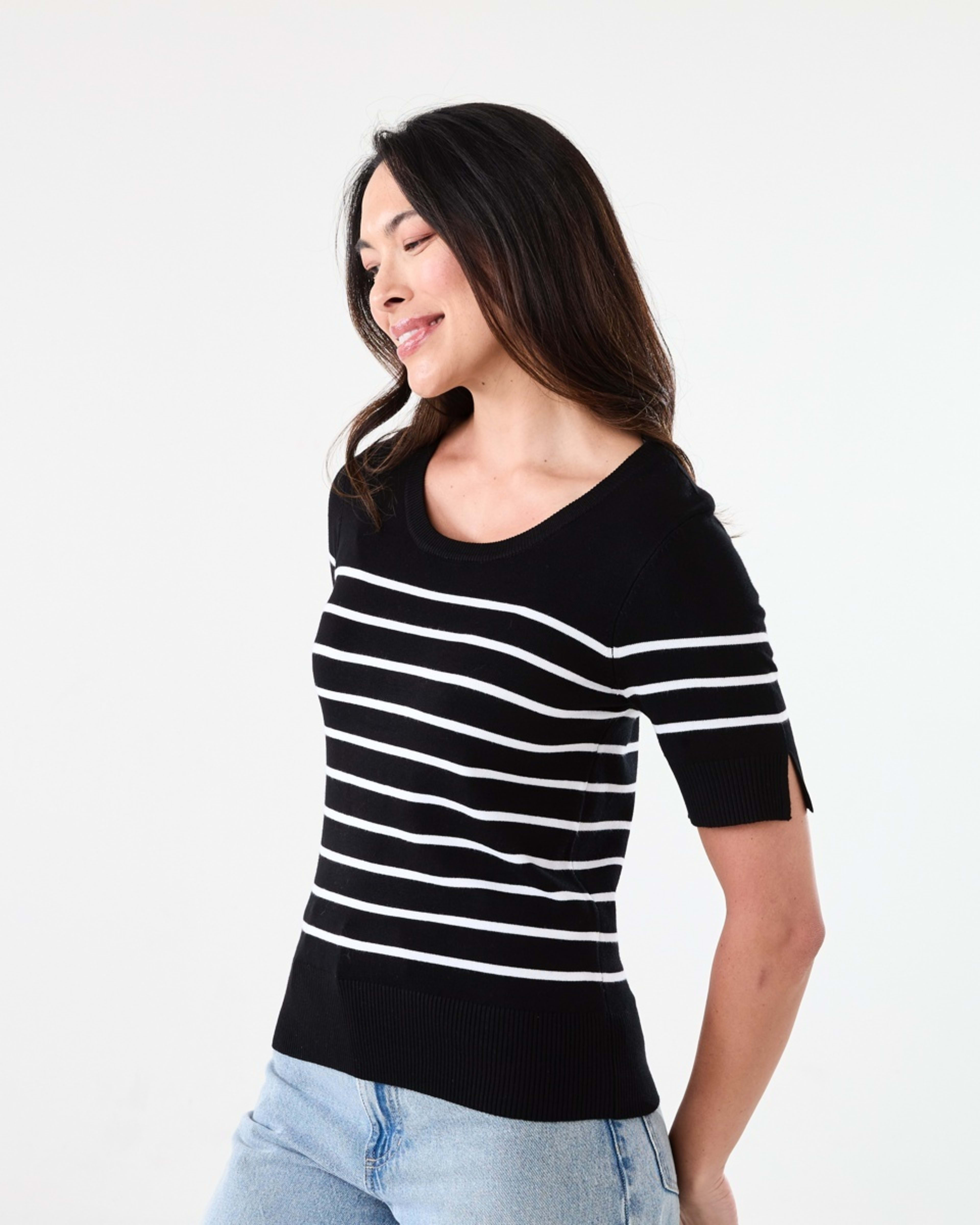 2 Short Elbow Sleeve Scoop Neck Top Ecru Strp, 2 of 6