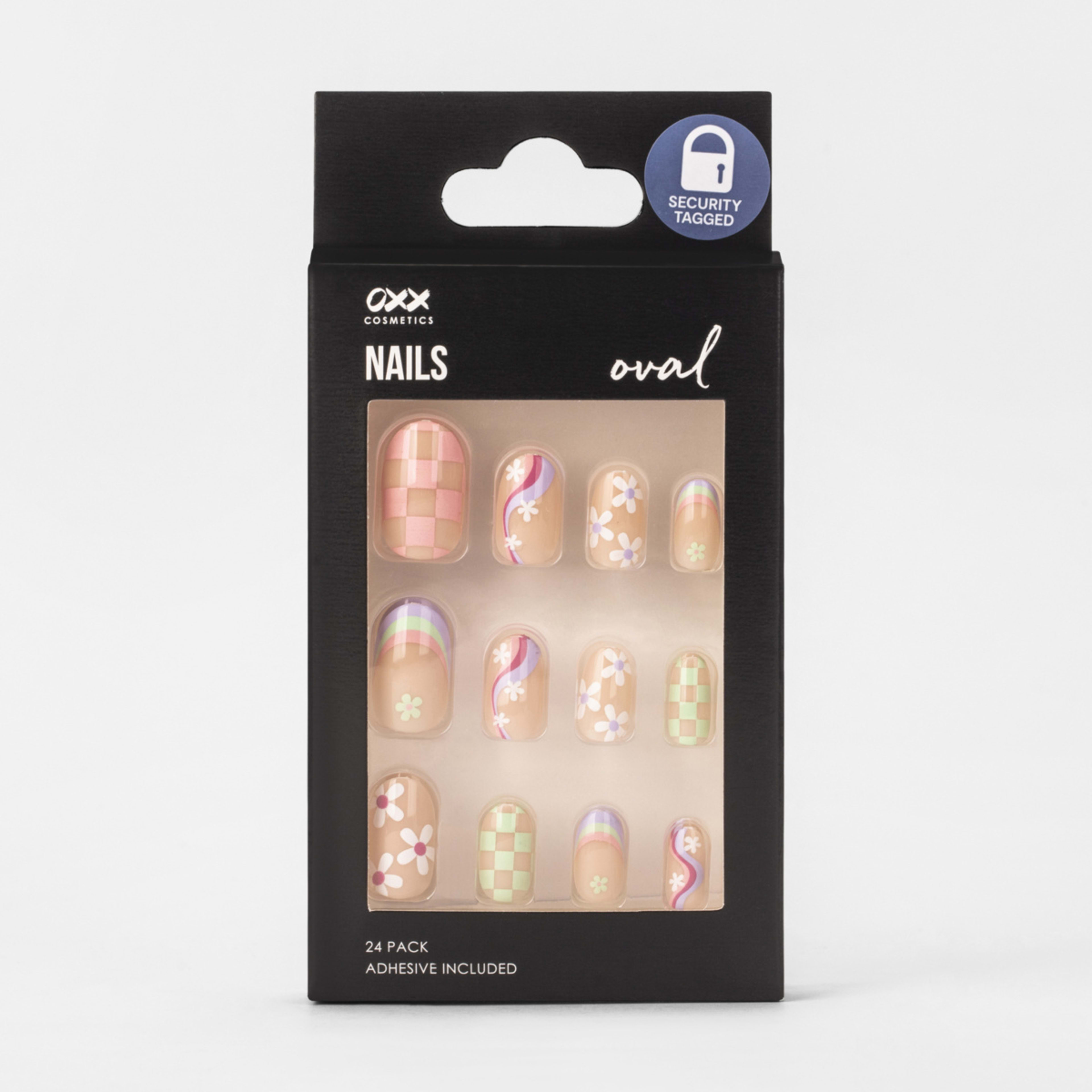 1 OXX Cosmetics 24 Pack False Nails with Adhesive - Oval Shape, Mixed Motif