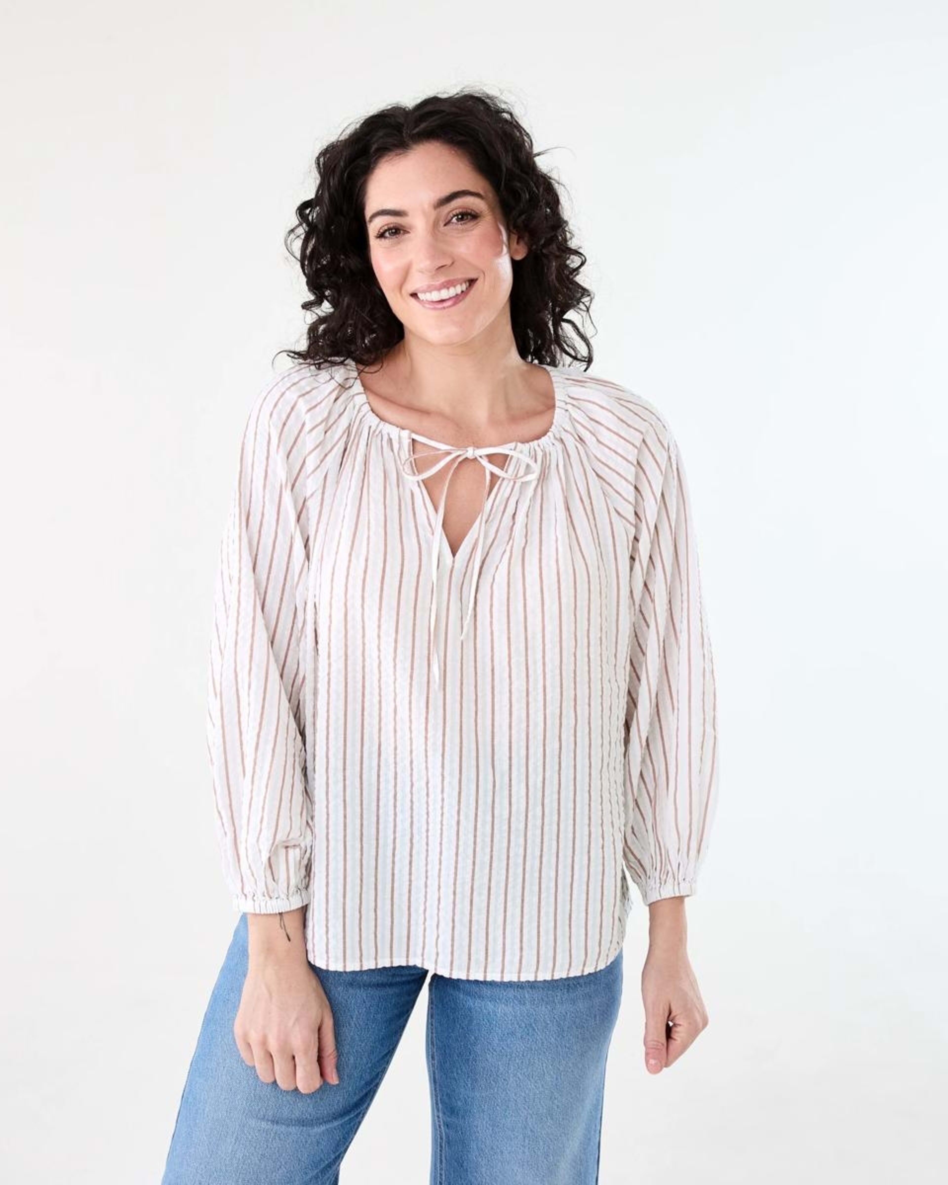 2 Long Sleeve Seersucker Tie Top RUSSET STRIPE, 2 of 6