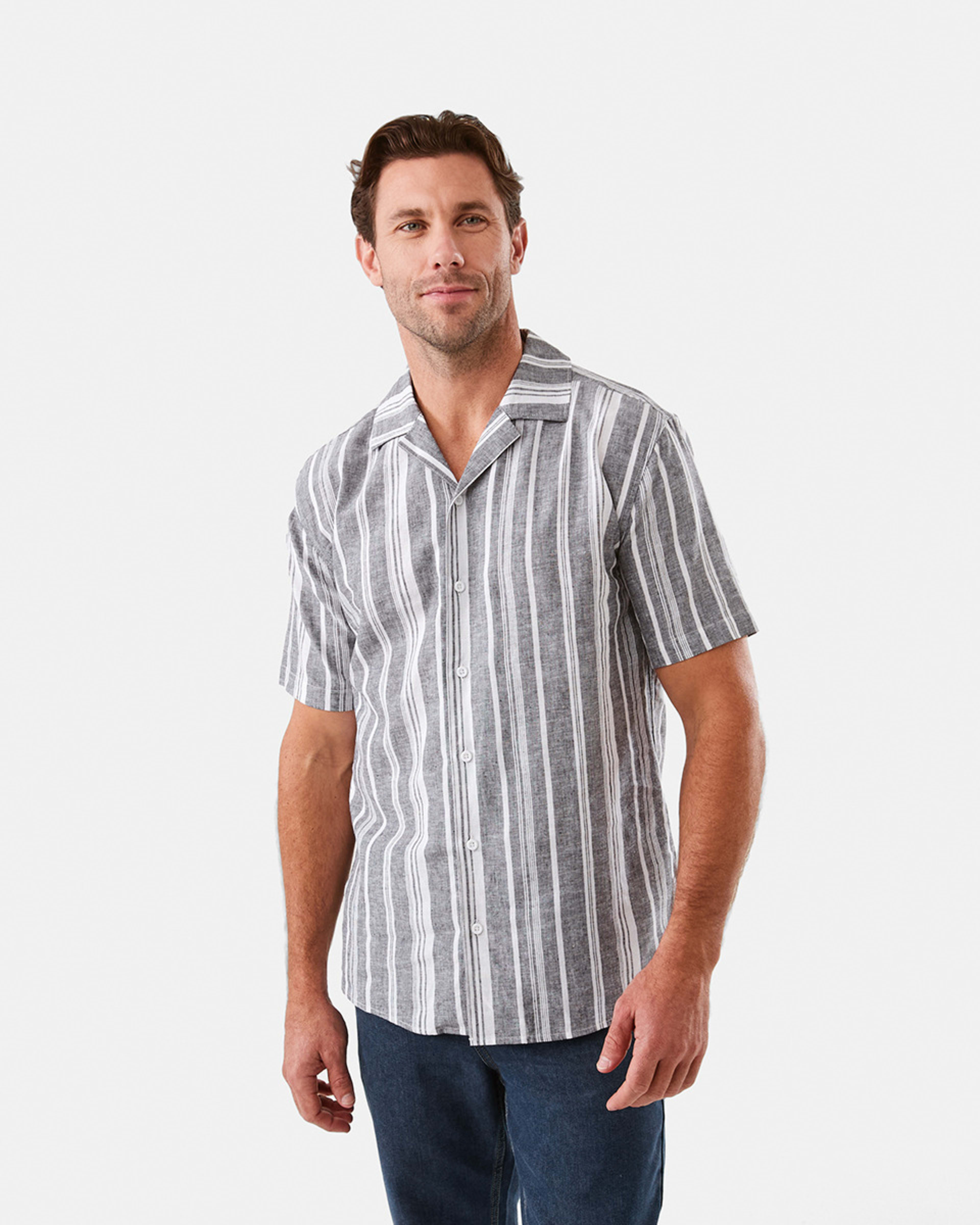 1 Short Sleeve Striped Linen Blend Shirt Blk Stripe