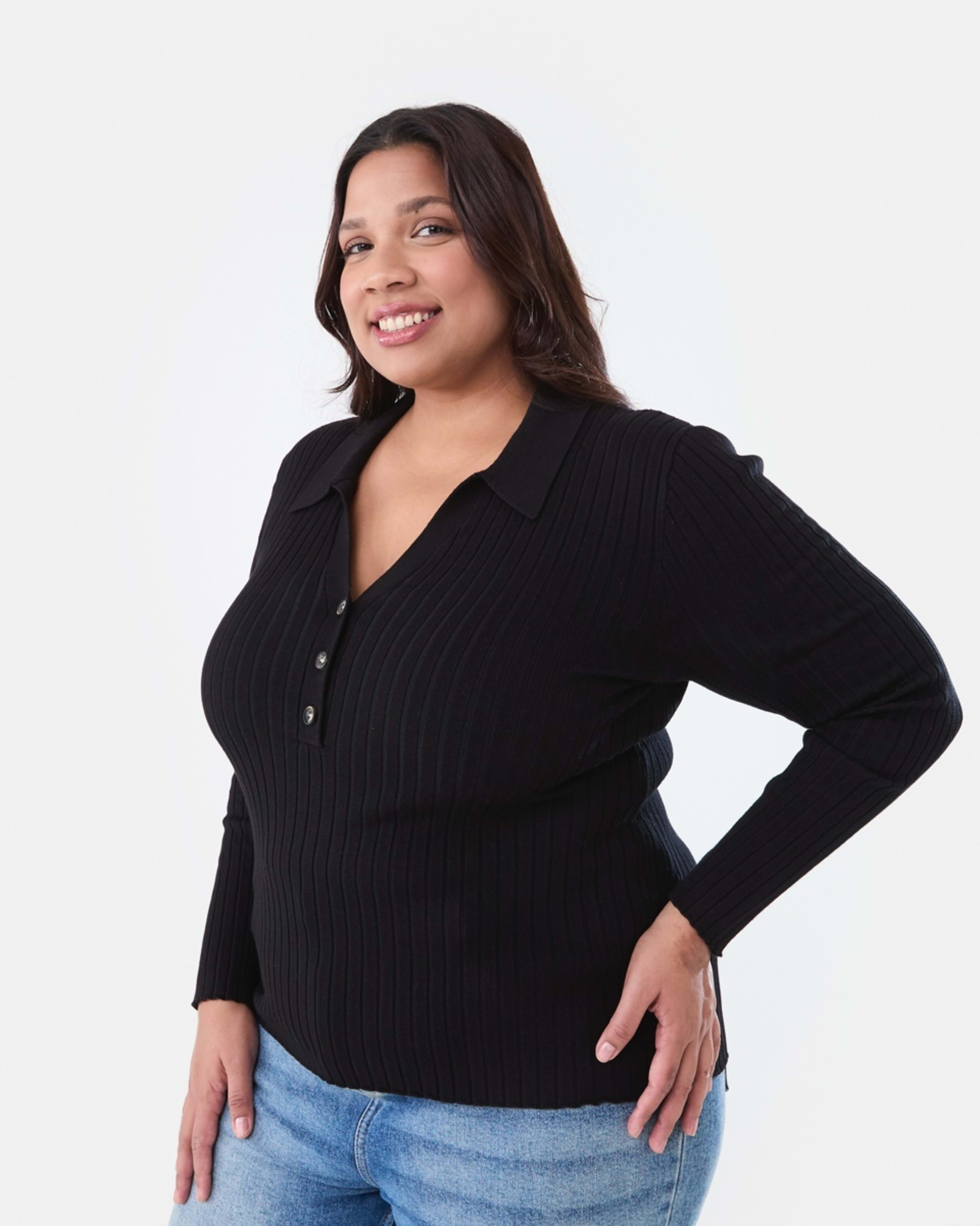2 Curve Long Sleeve Knit Polo Top Black, 2 of 5