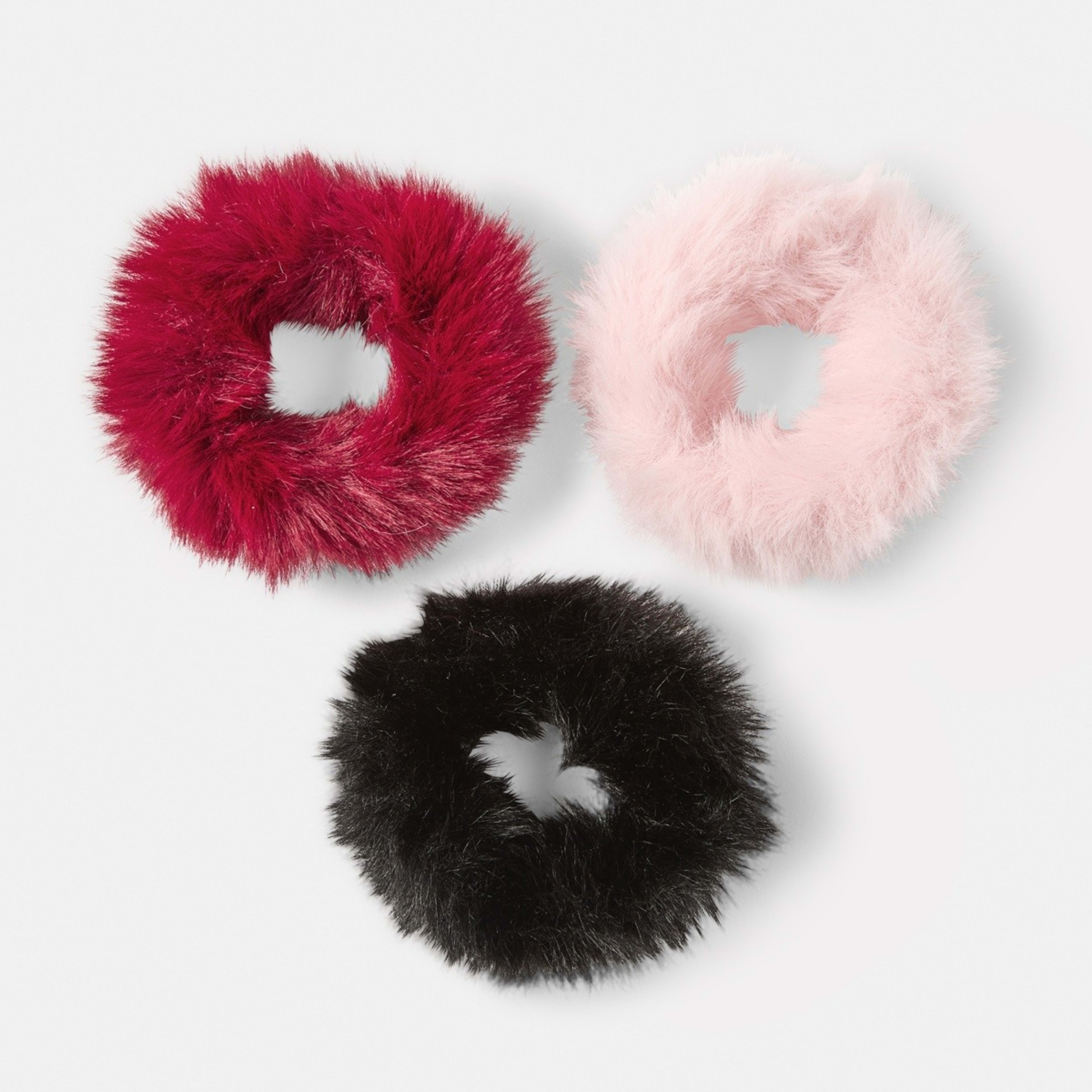 1 3 Pack Faux Fur Hair Scrunchie - Red, Pink and Black, 1 of 5