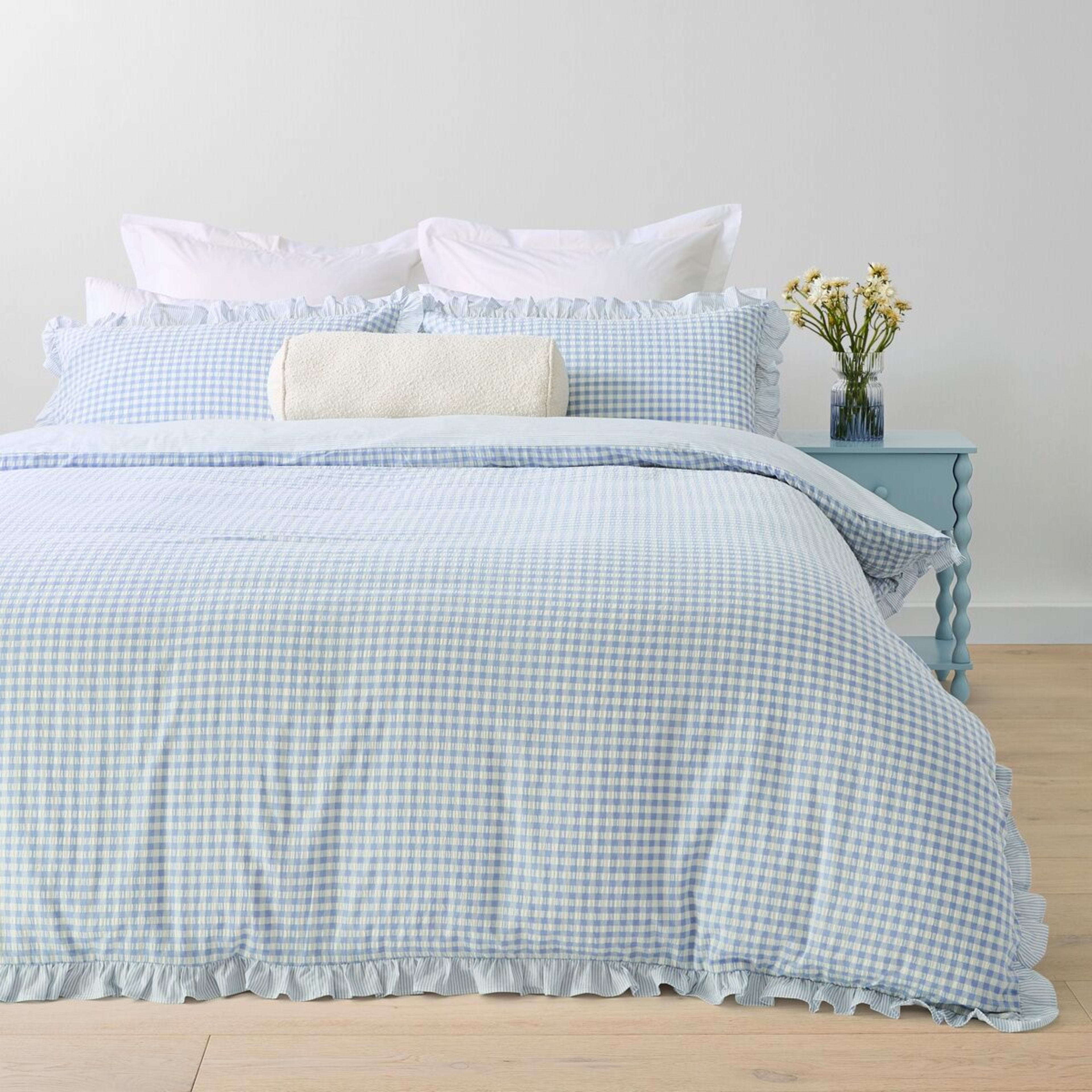 1 Gingham Ruffle Reversible Cotton Quilt Cover Set - Double Bed, Blue, 1 of 7