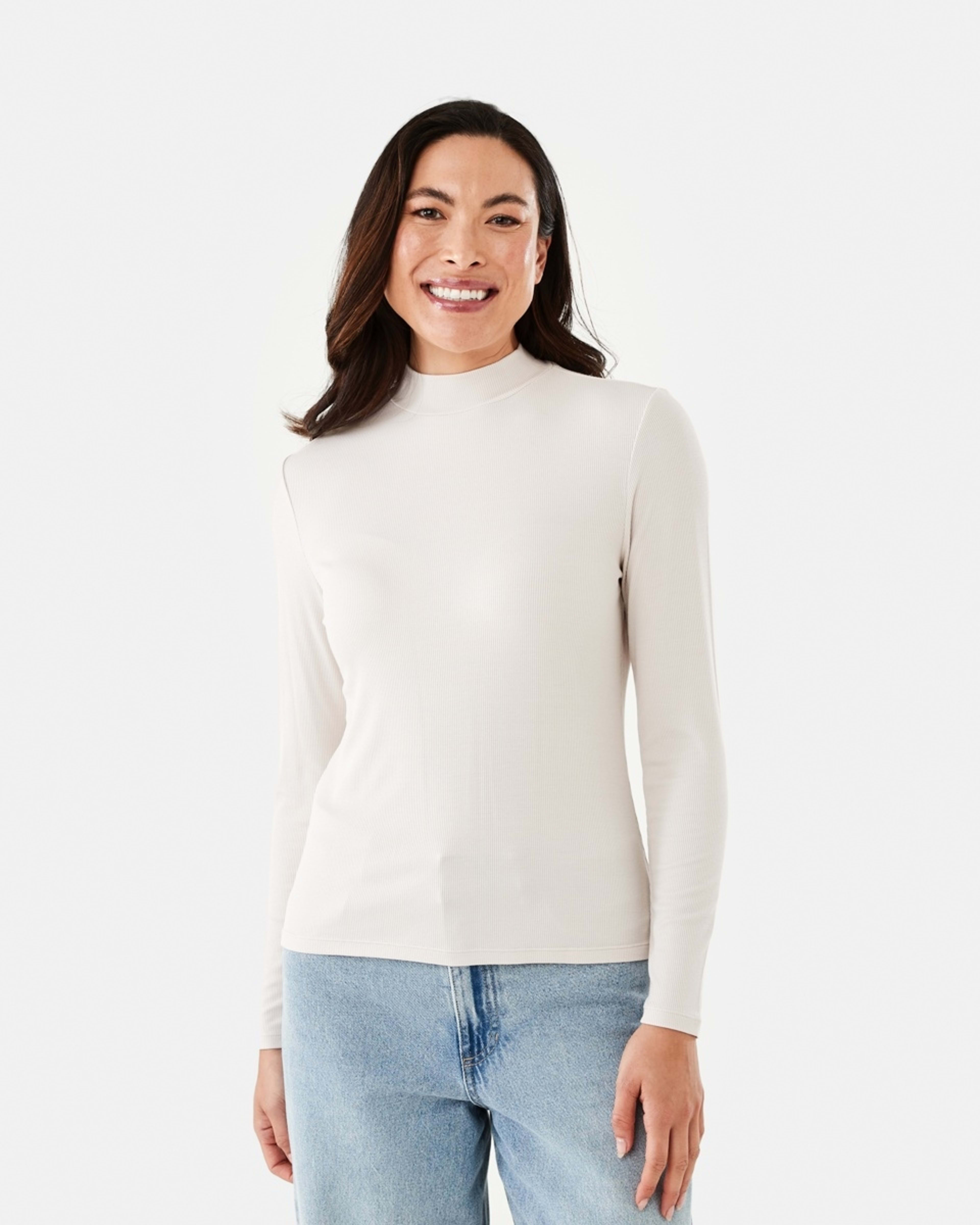 1 Long Sleeve Rib Mock Neck Top Nat Beige
