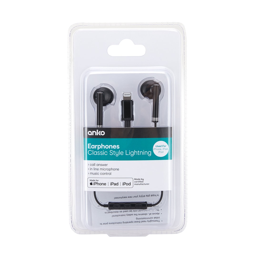 Classic Style Lightning Earphones Black Kmart