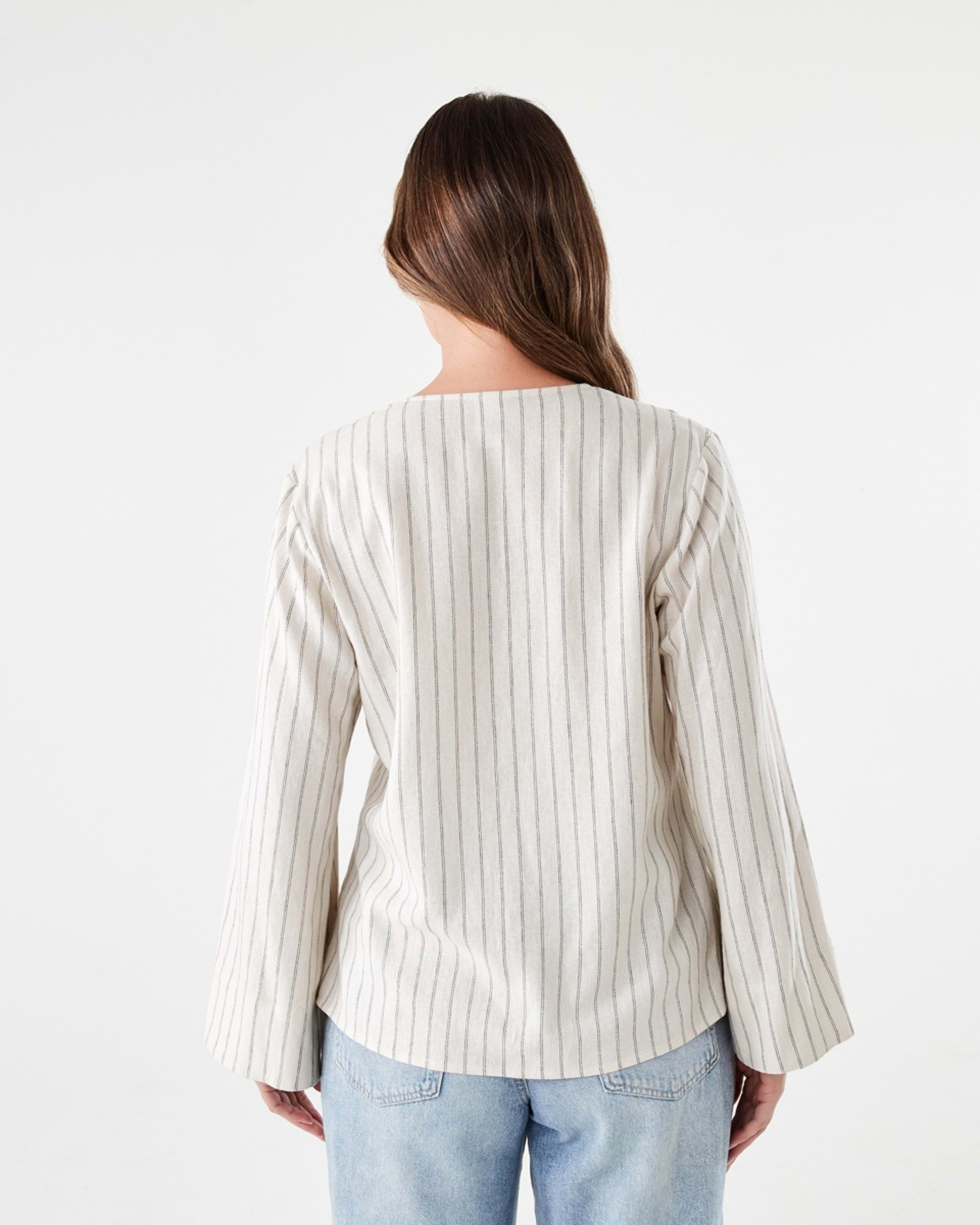 3 Long Sleeve Tie Front Linen Blend Top DOUBLE STRIPE, 3 of 5