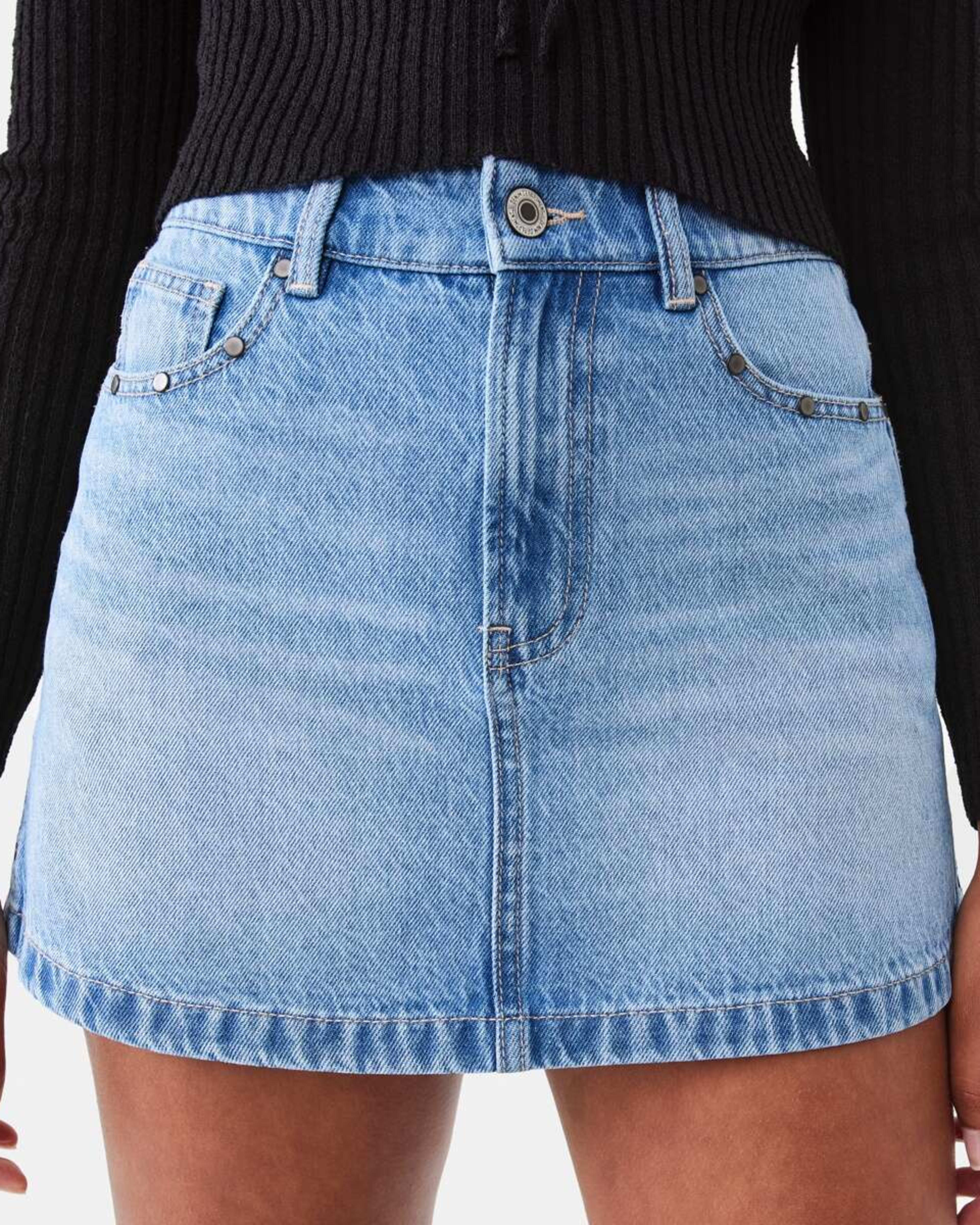 1 Studded Denim Mini Skirt Mid Wash