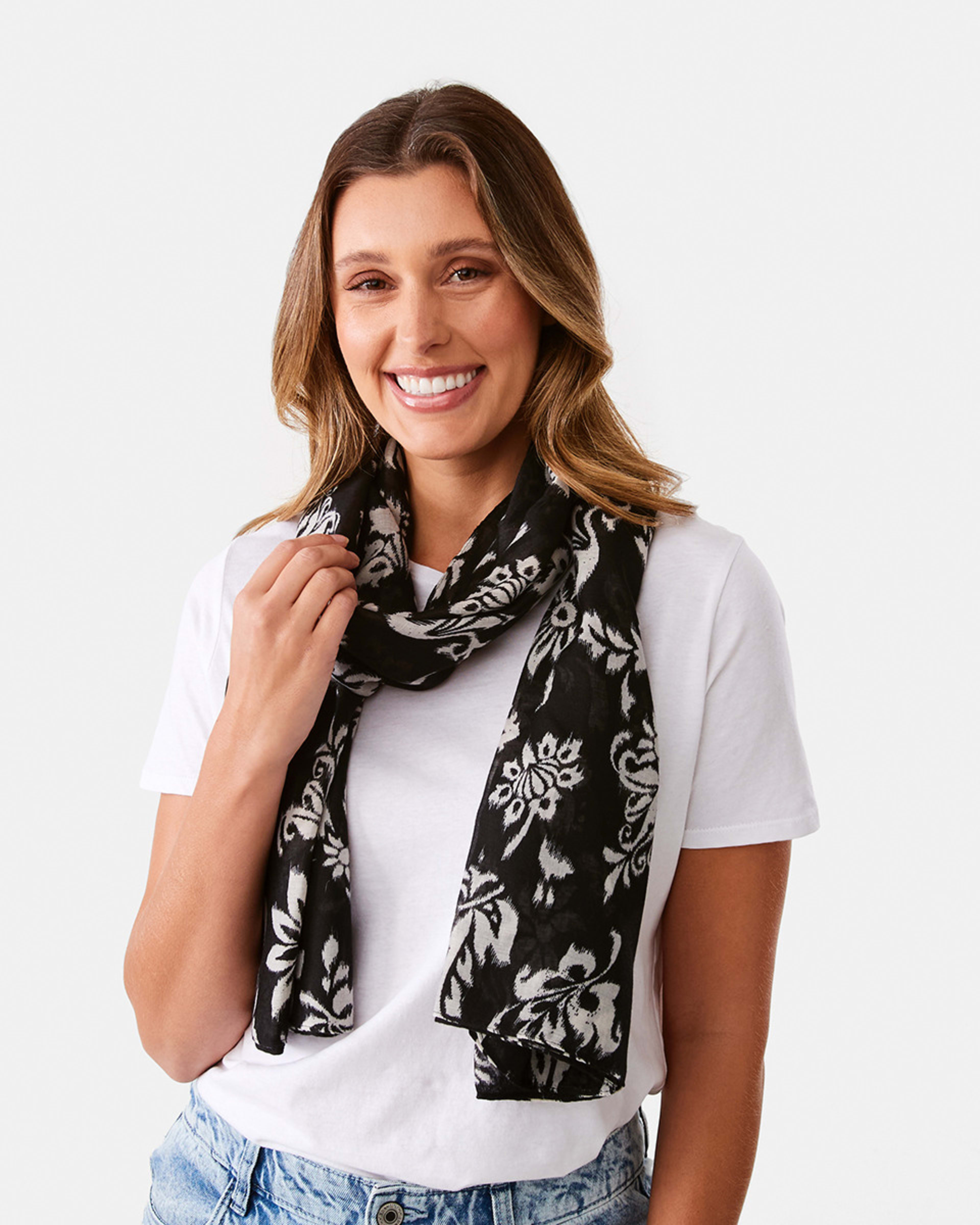 3 Large Lightweight Scarf FLORAL IKAT BLACK, 3 of 3