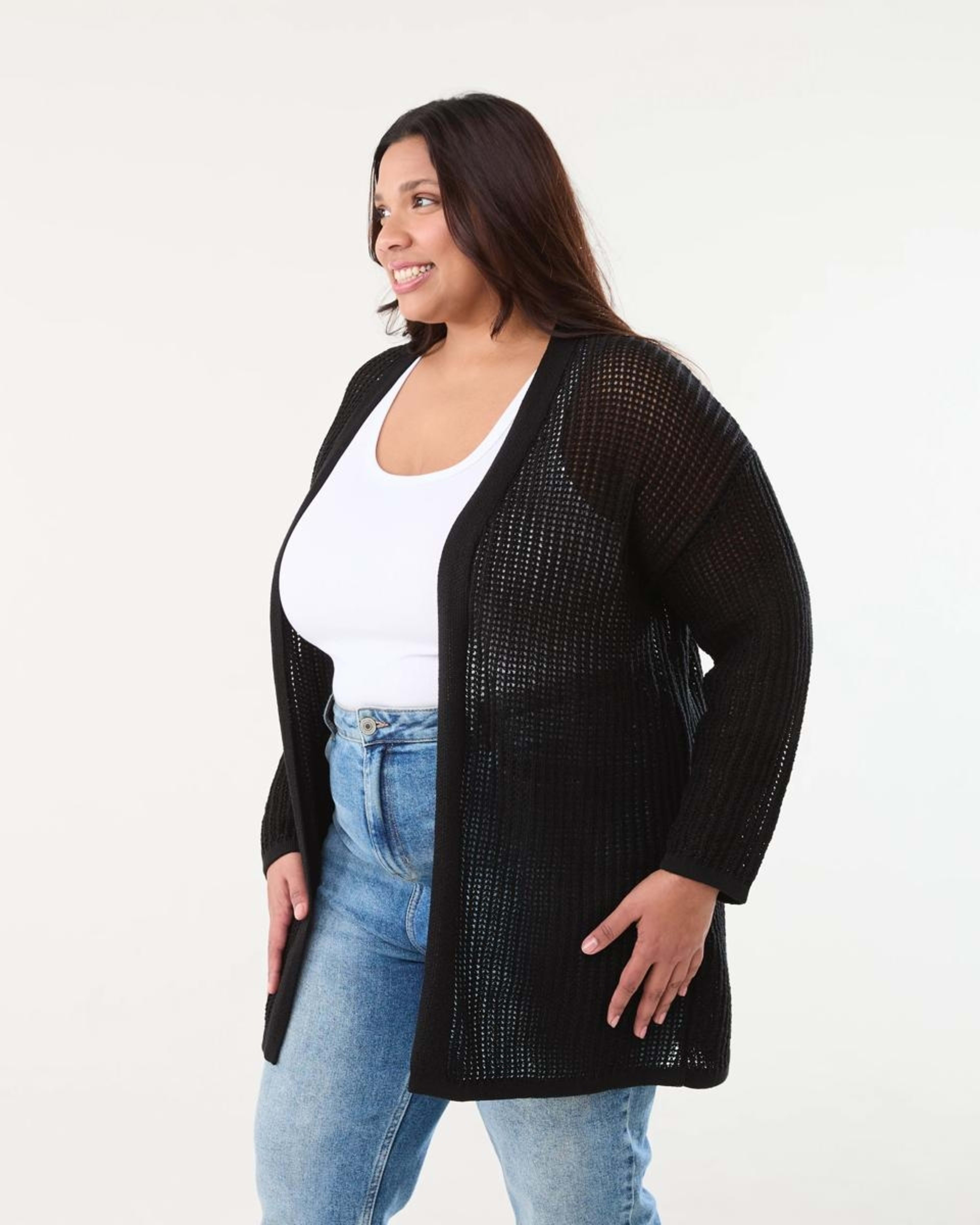 2 Curve Long Sleeve Crochet Cardigan BLACK, 2 of 5